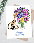 Cat with Pansy Flowers | Greeting Card