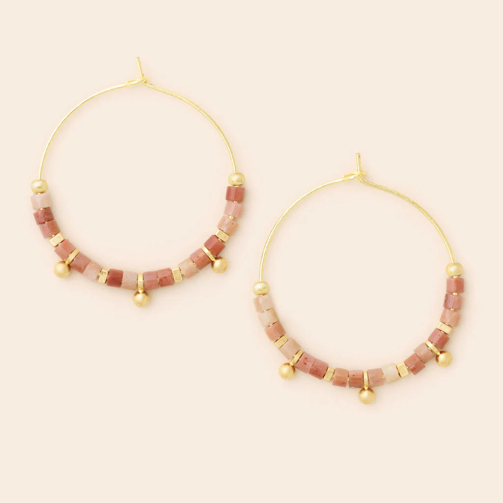 Stone Disc Hoop Earrings: Rhodonite/Gold