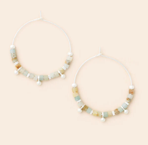 Stone Disc Hoop Earrings: Amazonite/Silver