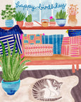 Sleeping Cat with Plants | Greeting Card