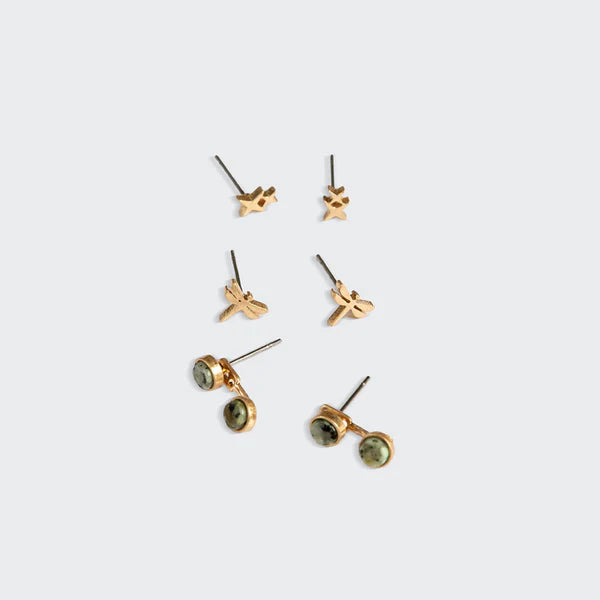 Stud Trio Ear Jacket Set | Dragonfly, African Turquoise, Gold