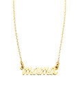 Gold 'mama' necklace on a white background