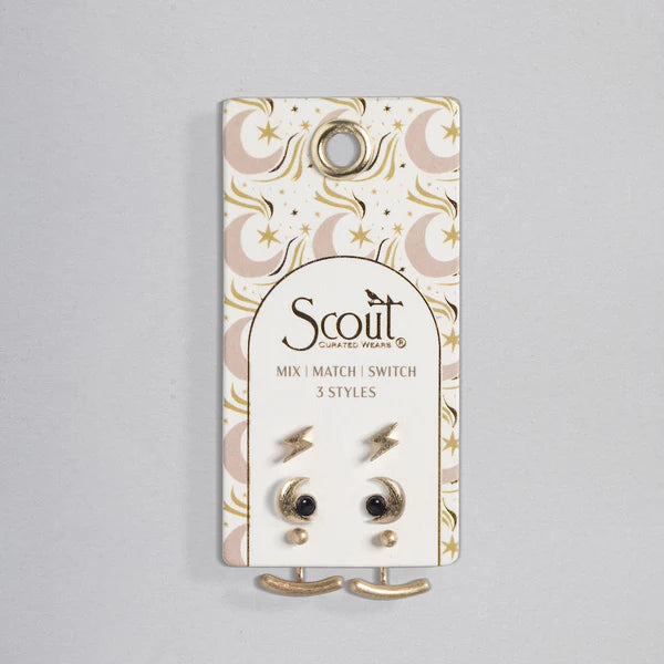 Stud Trio Ear Jacket Set | Moon, Black Spinel, Gold