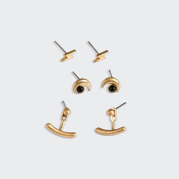Stud Trio Ear Jacket Set | Moon, Black Spinel, Gold