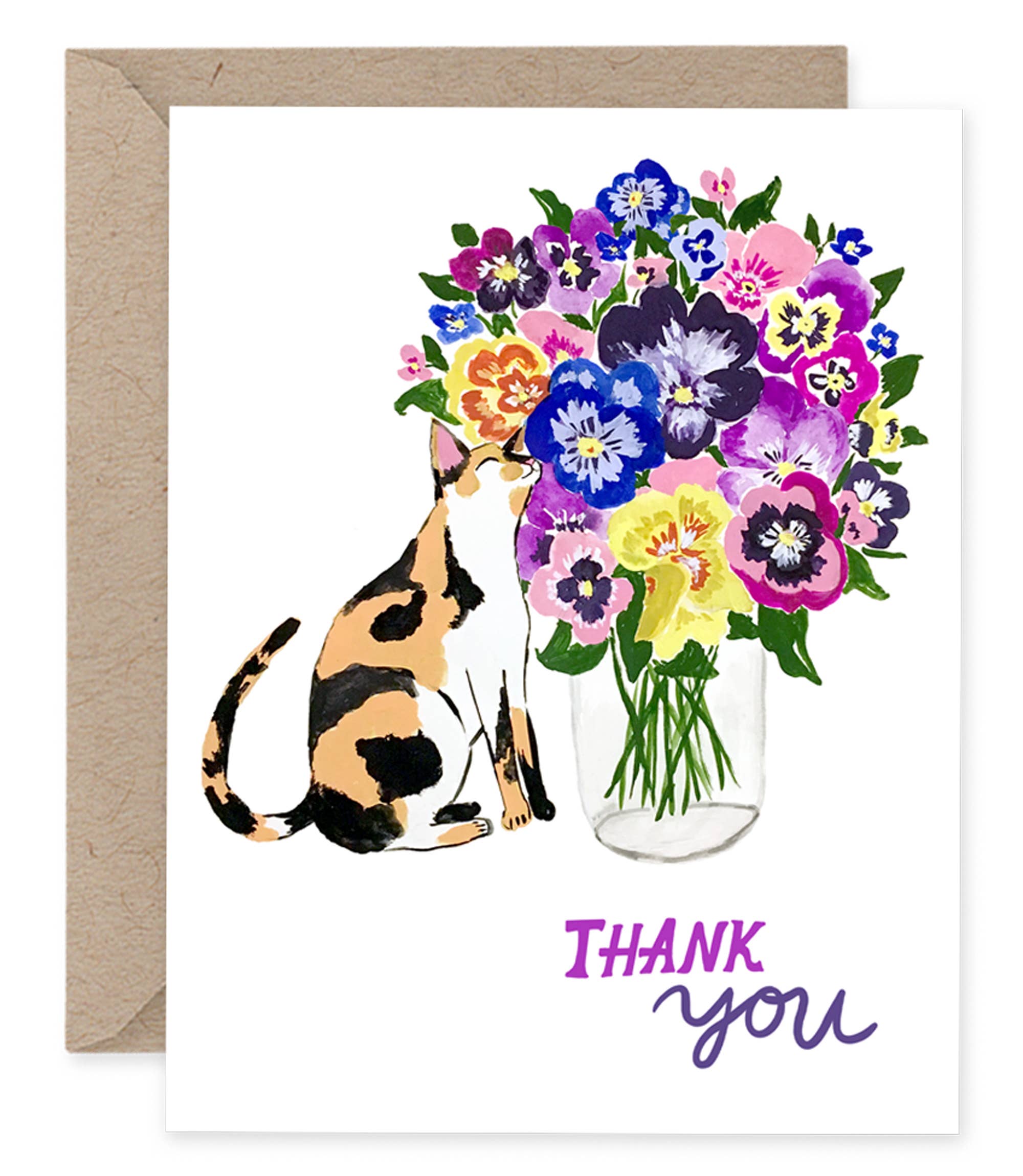 Cat with Pansy Flowers | Greeting Card