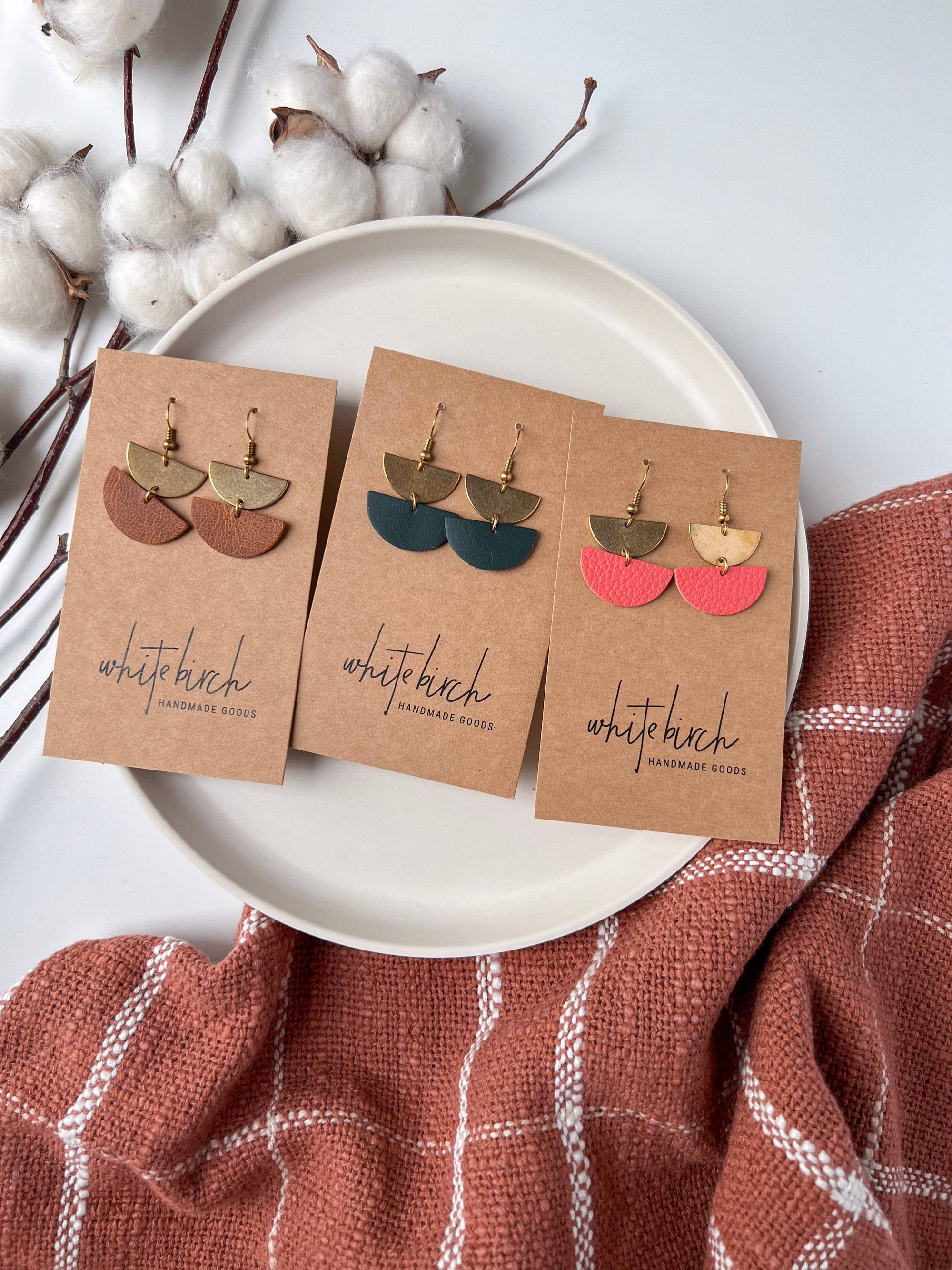 Leather &amp; Brass Mini Half Moon Earrings | Coral