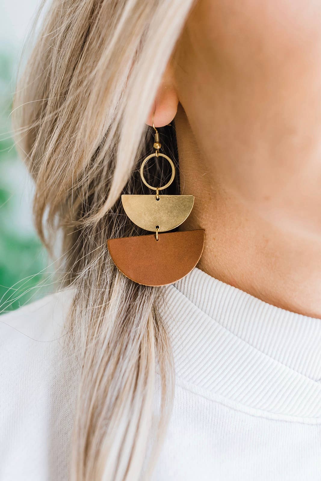 Leather &amp; Brass Stacked Half Moon Earrings | Brown