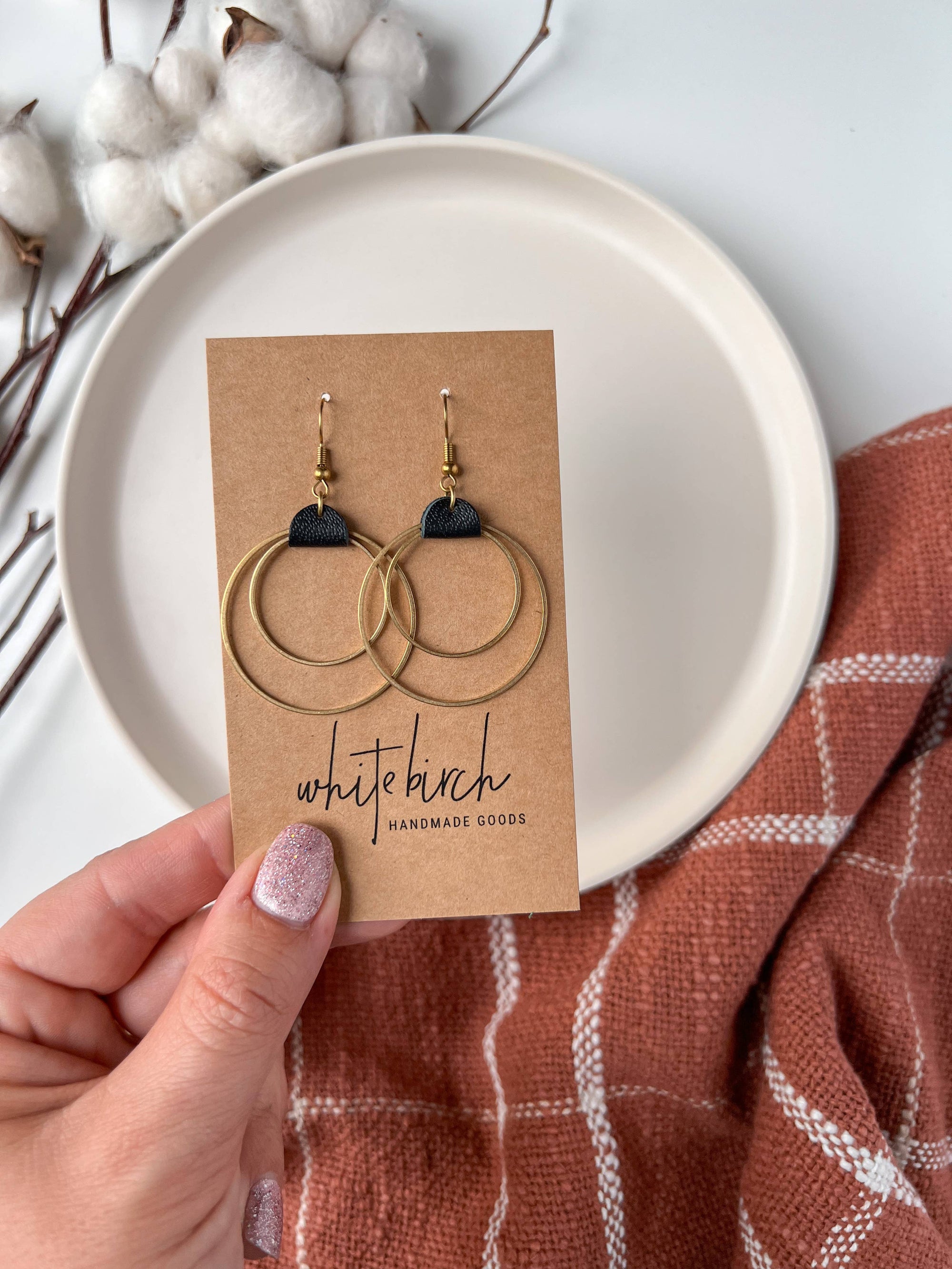 Small Black Leather &amp; Brass Circles Earrings