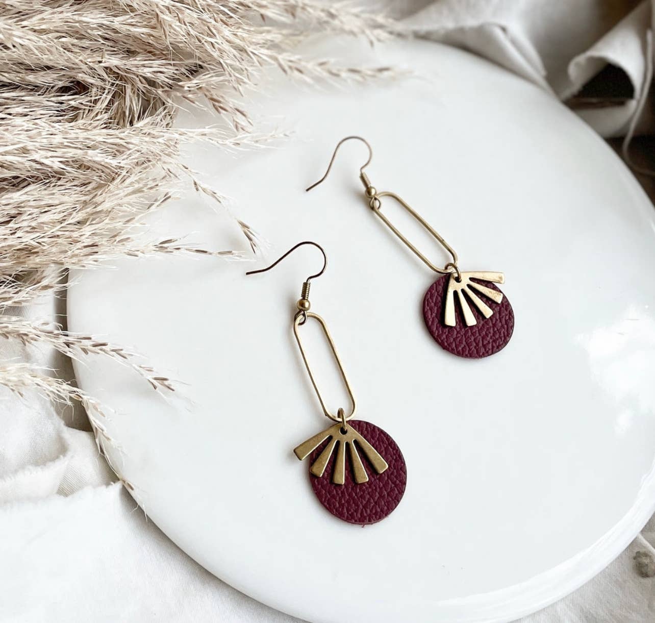 Leather &amp; Brass Sunburst Earrings | Burgundy