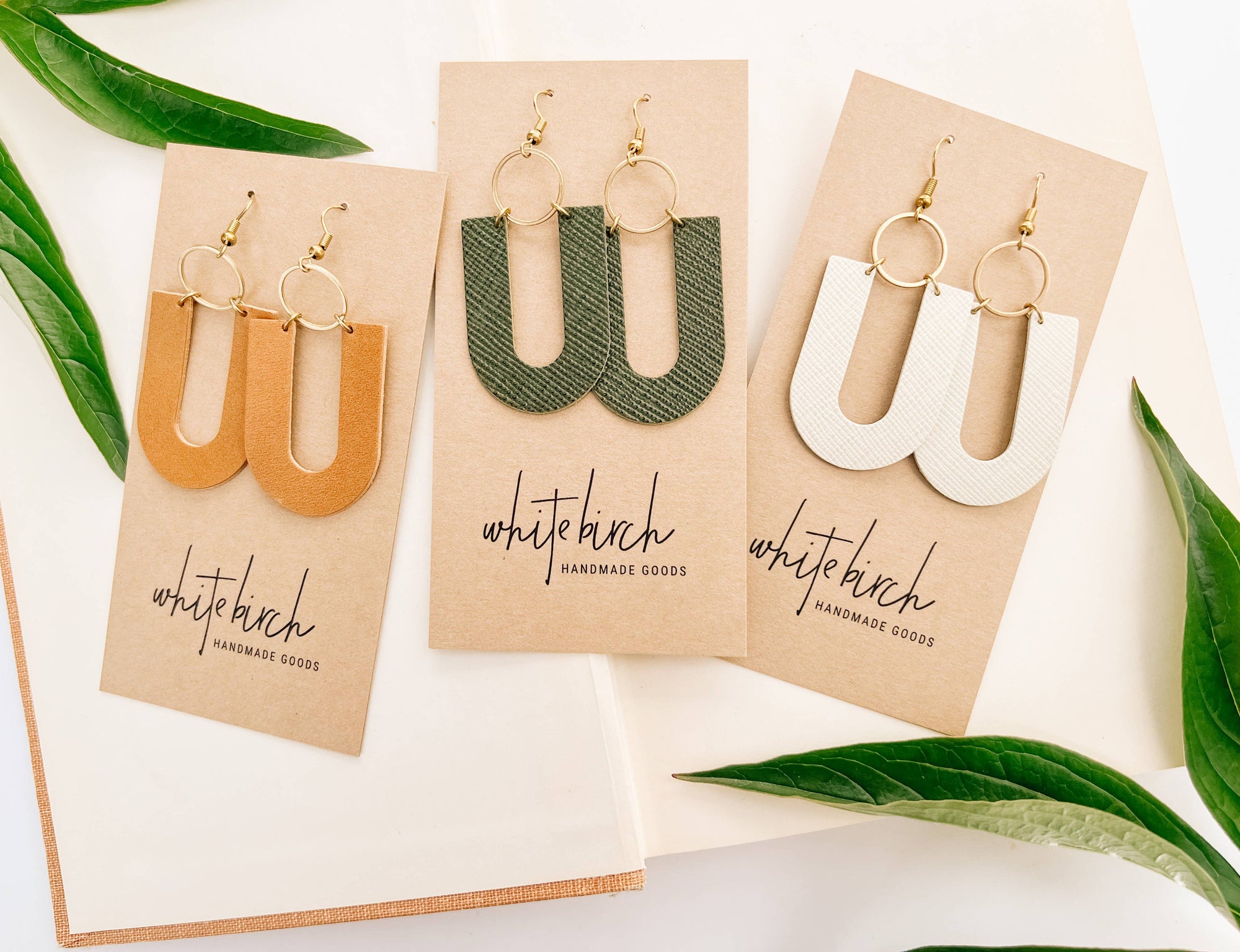 Leather &amp; Brass U Shaped Earrings | Dark Olive
