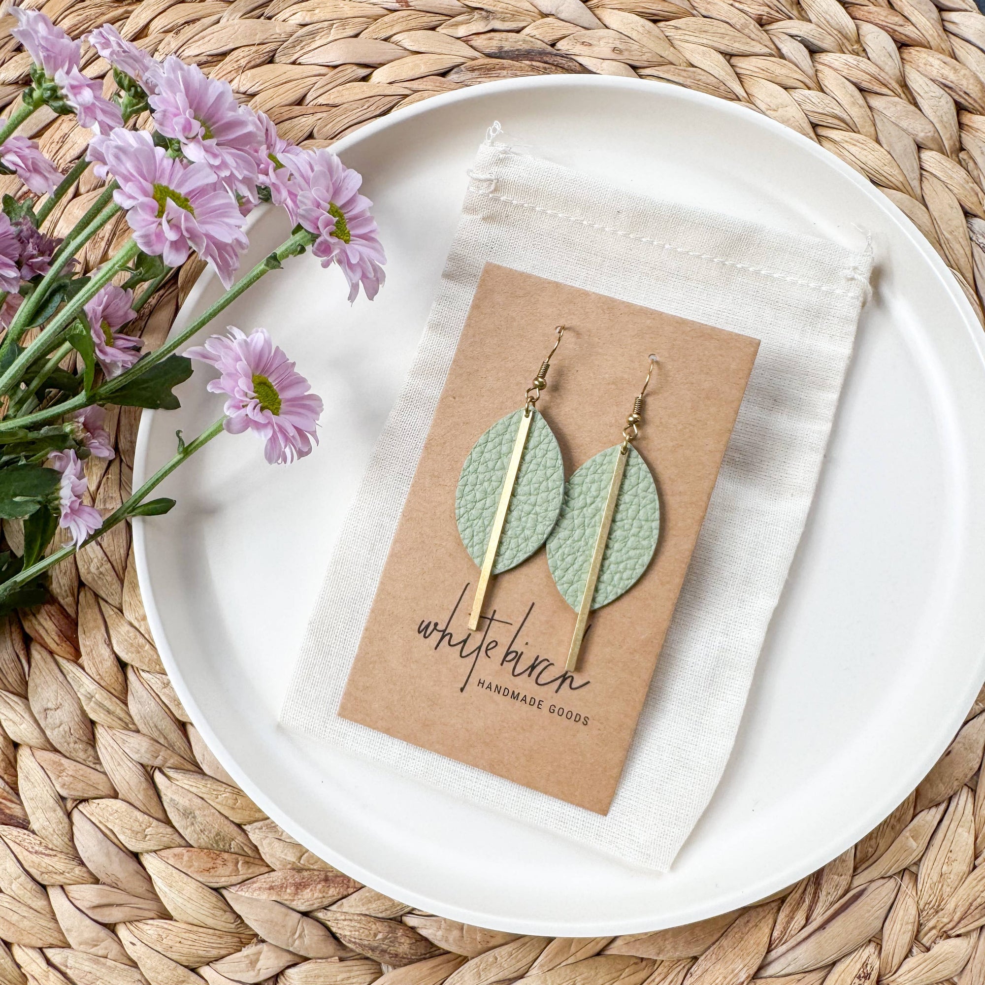 Mint Leather Petal and Brass Bar Earrings
