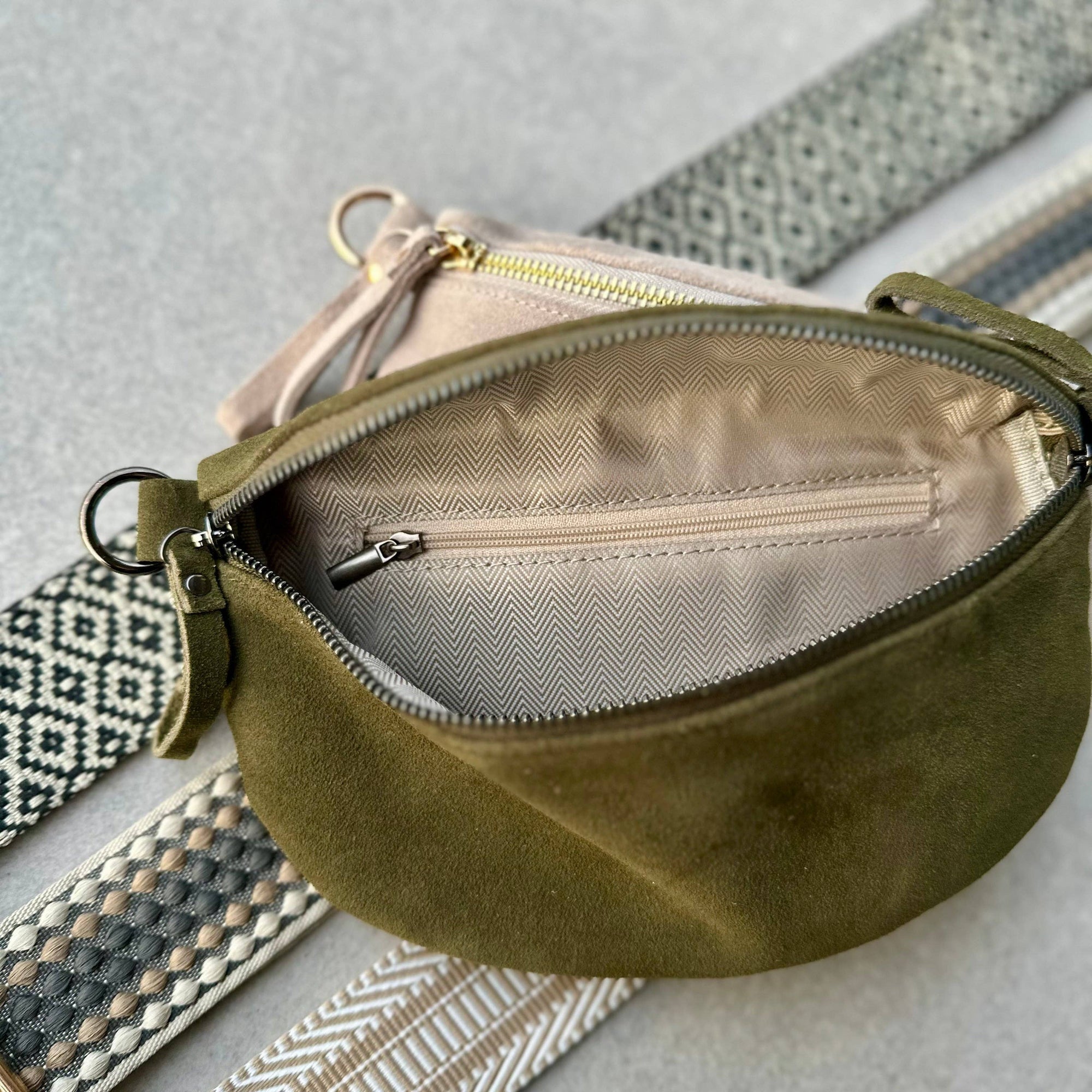 Crossbody Handbag: Green Suede Leather