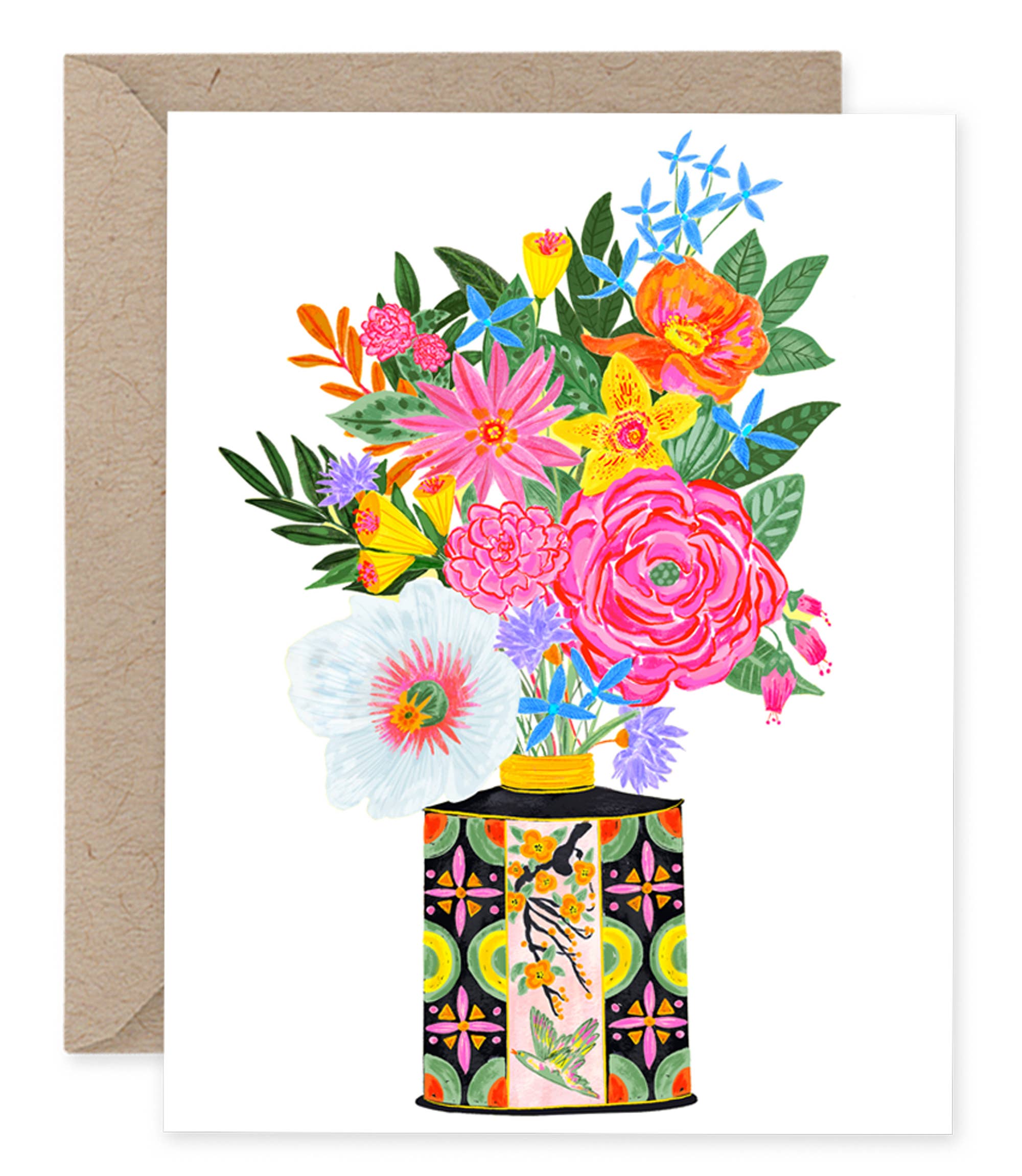 Flower Bouquet in Retro Tin Vase | Greeting Card