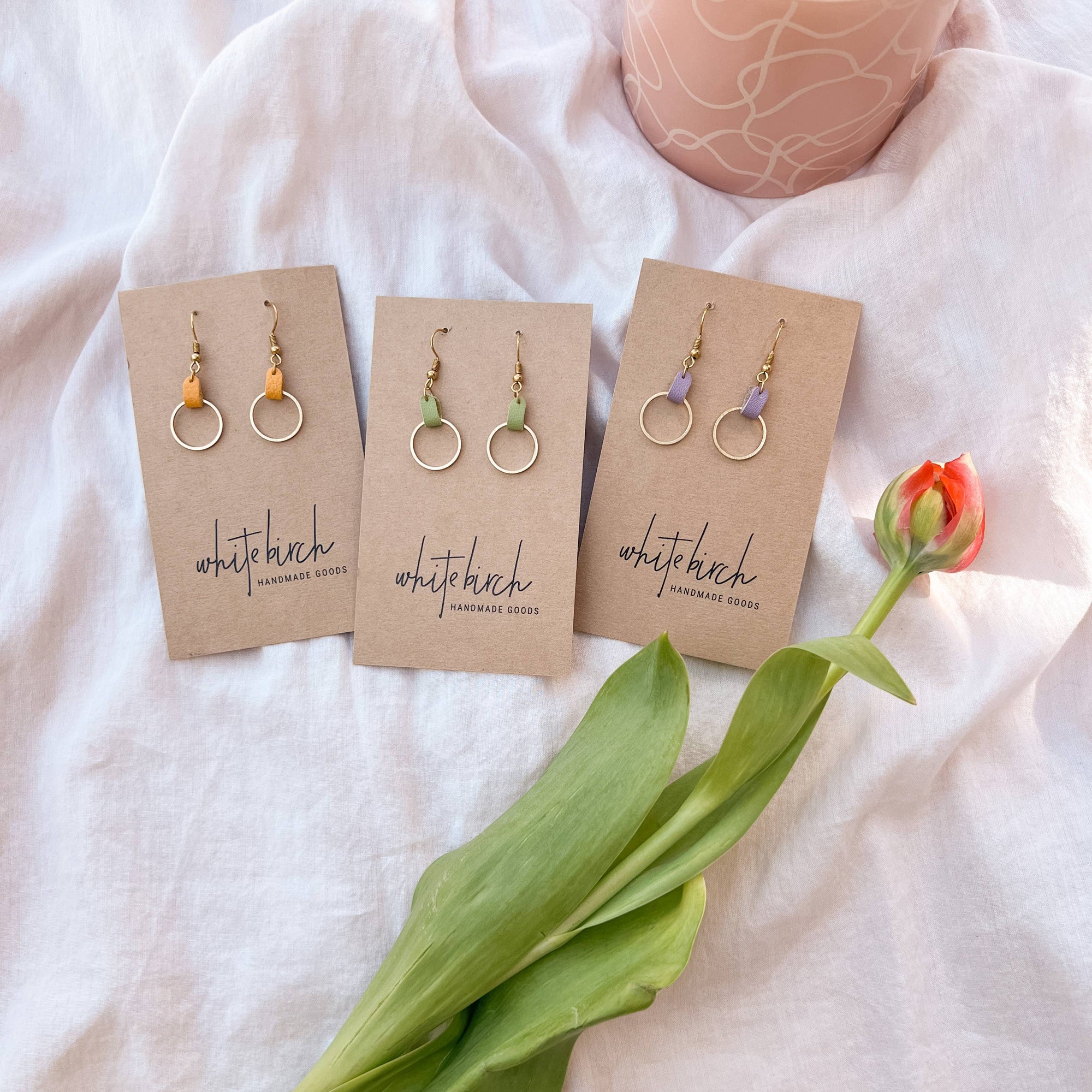 Leather &amp; Brass Circle Earrings | Lime Green