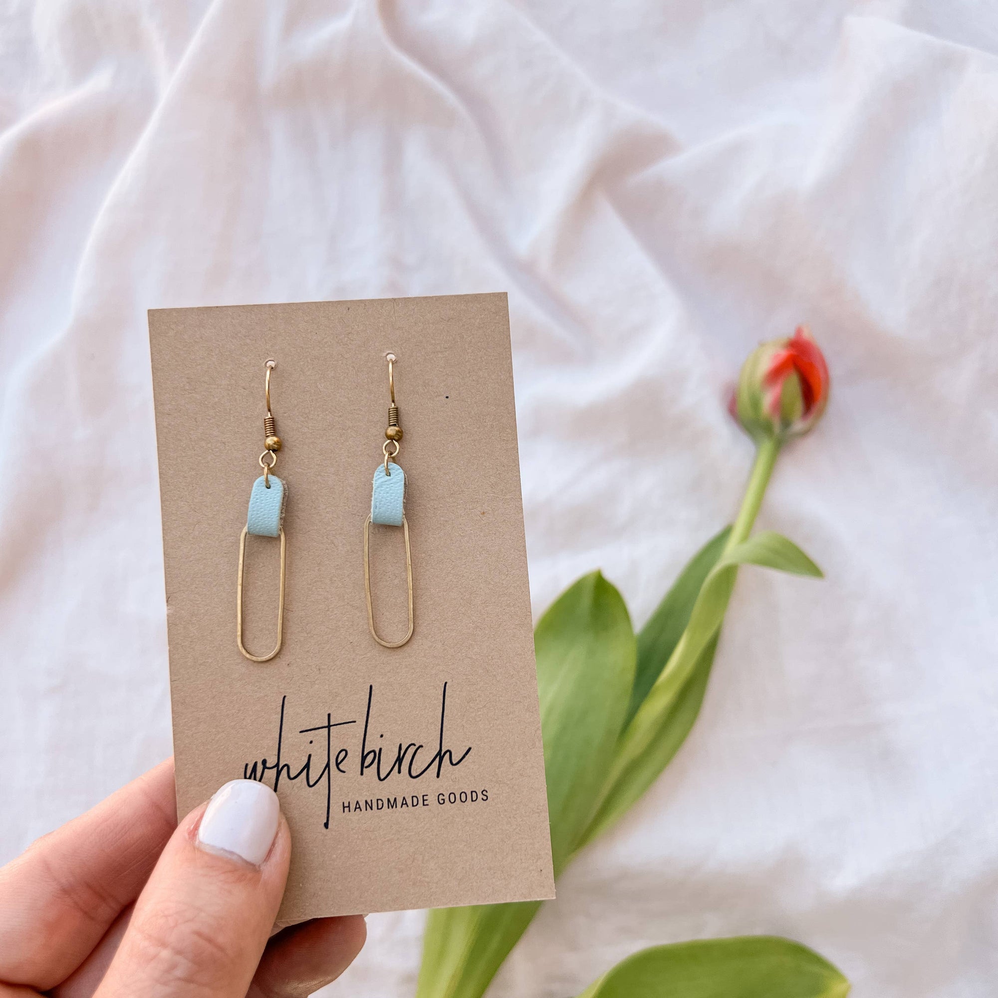 Leather &amp; Brass Oval Earrings | Frost Blue