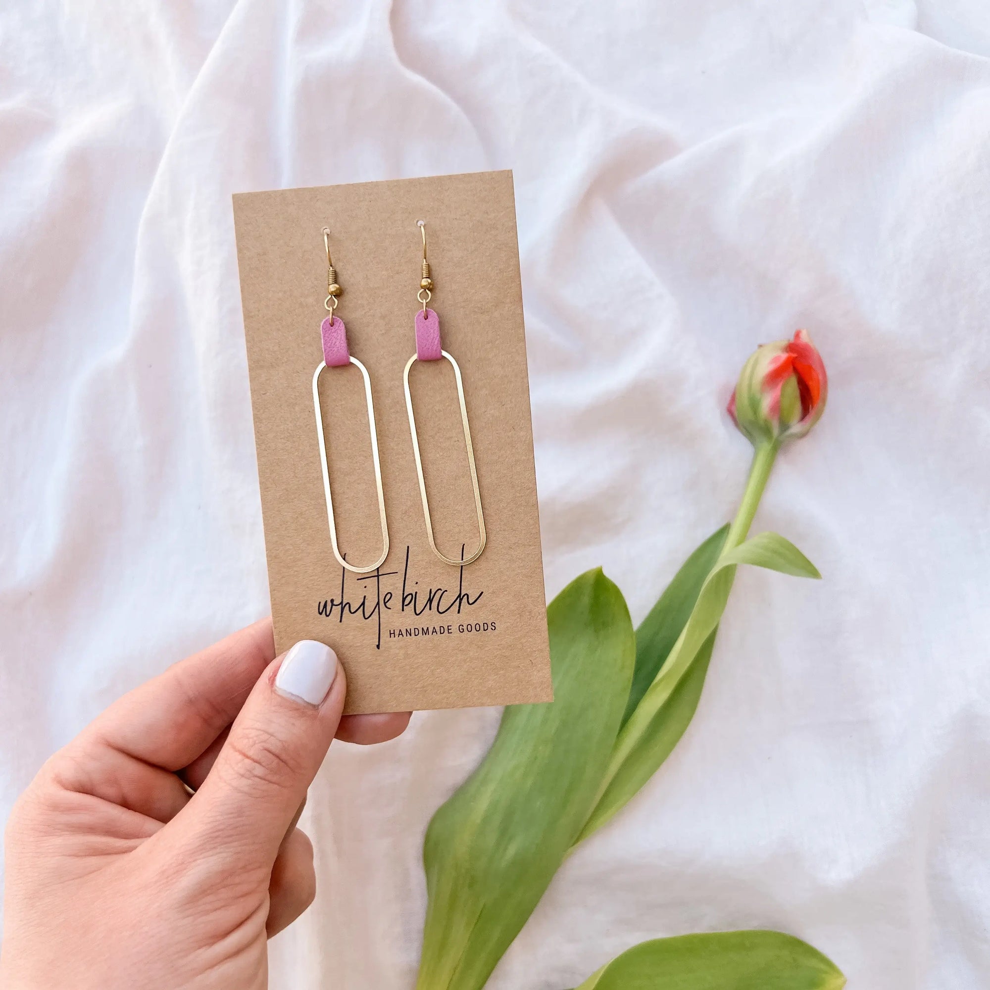 Bubblegum Pink Leather &amp; Brass Oval Accent Earrings