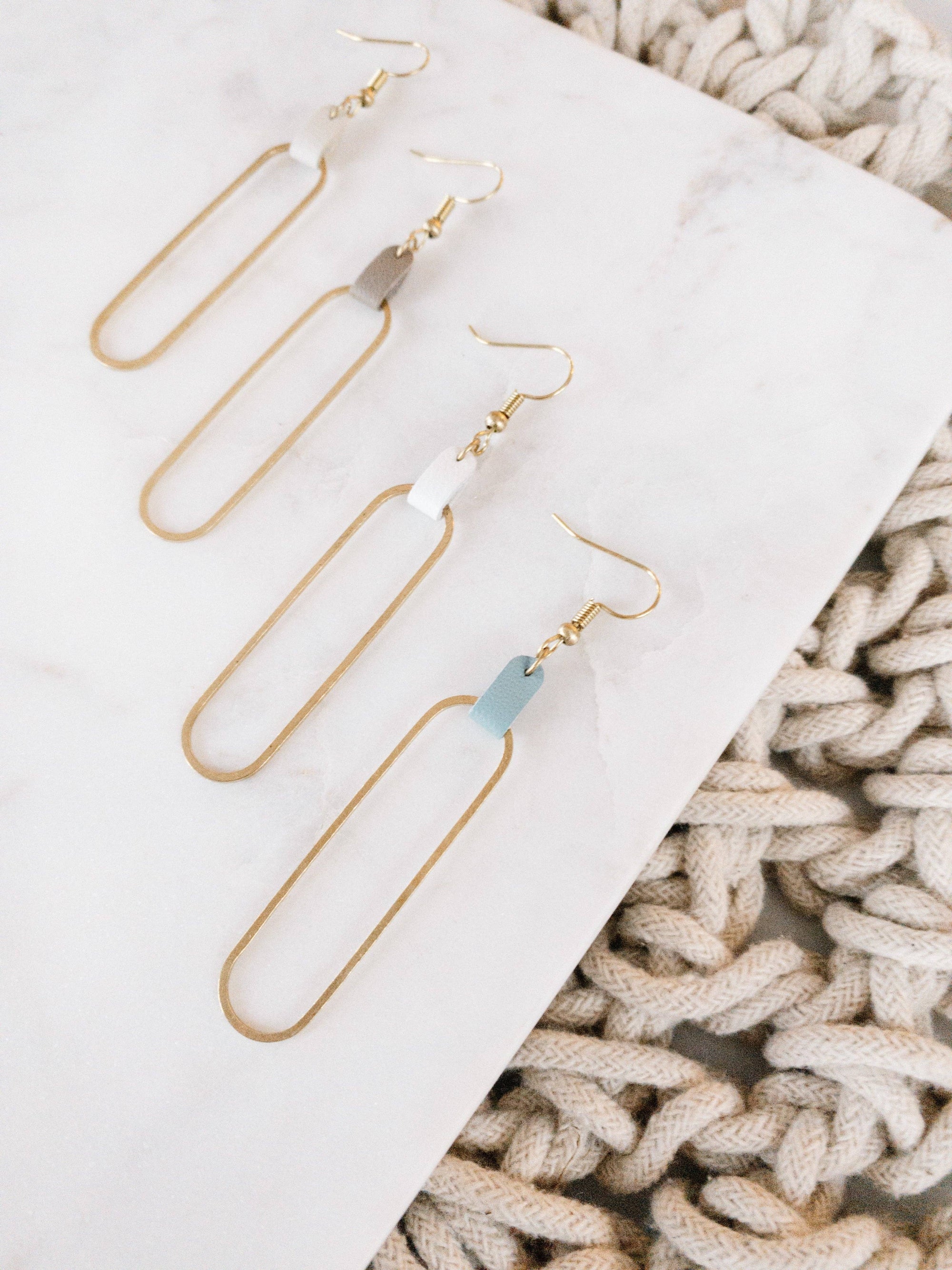 Leather &amp; Brass Oval Earrings | Blue