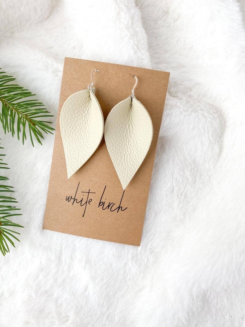 Cream Leather Leaf Earrings