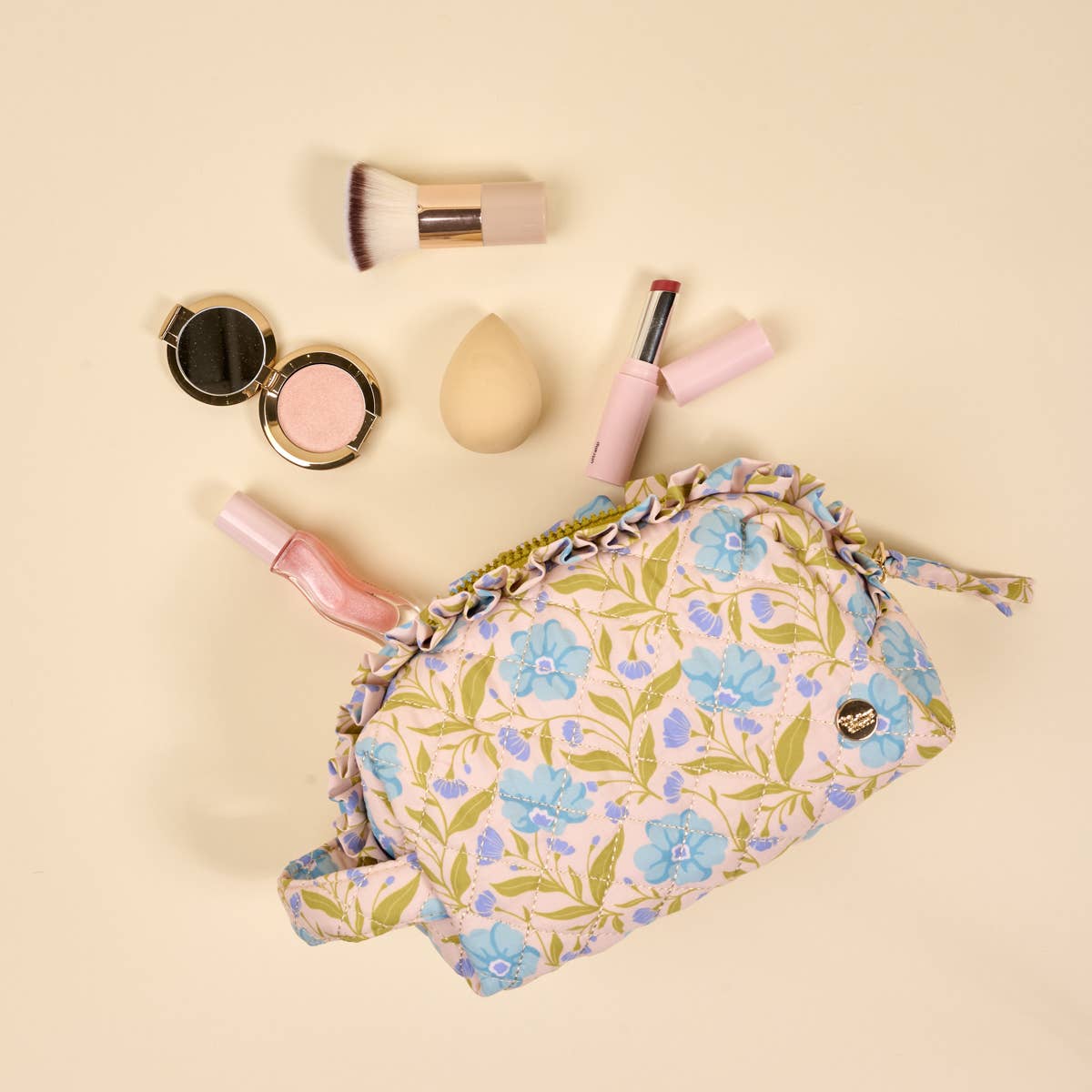 Quilted Cosmetic Pouch: Poppin' Petals Aqua