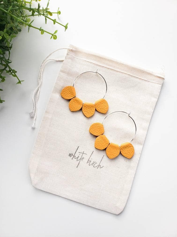 Mustard Yellow Leather Petal Hoop Earrings
