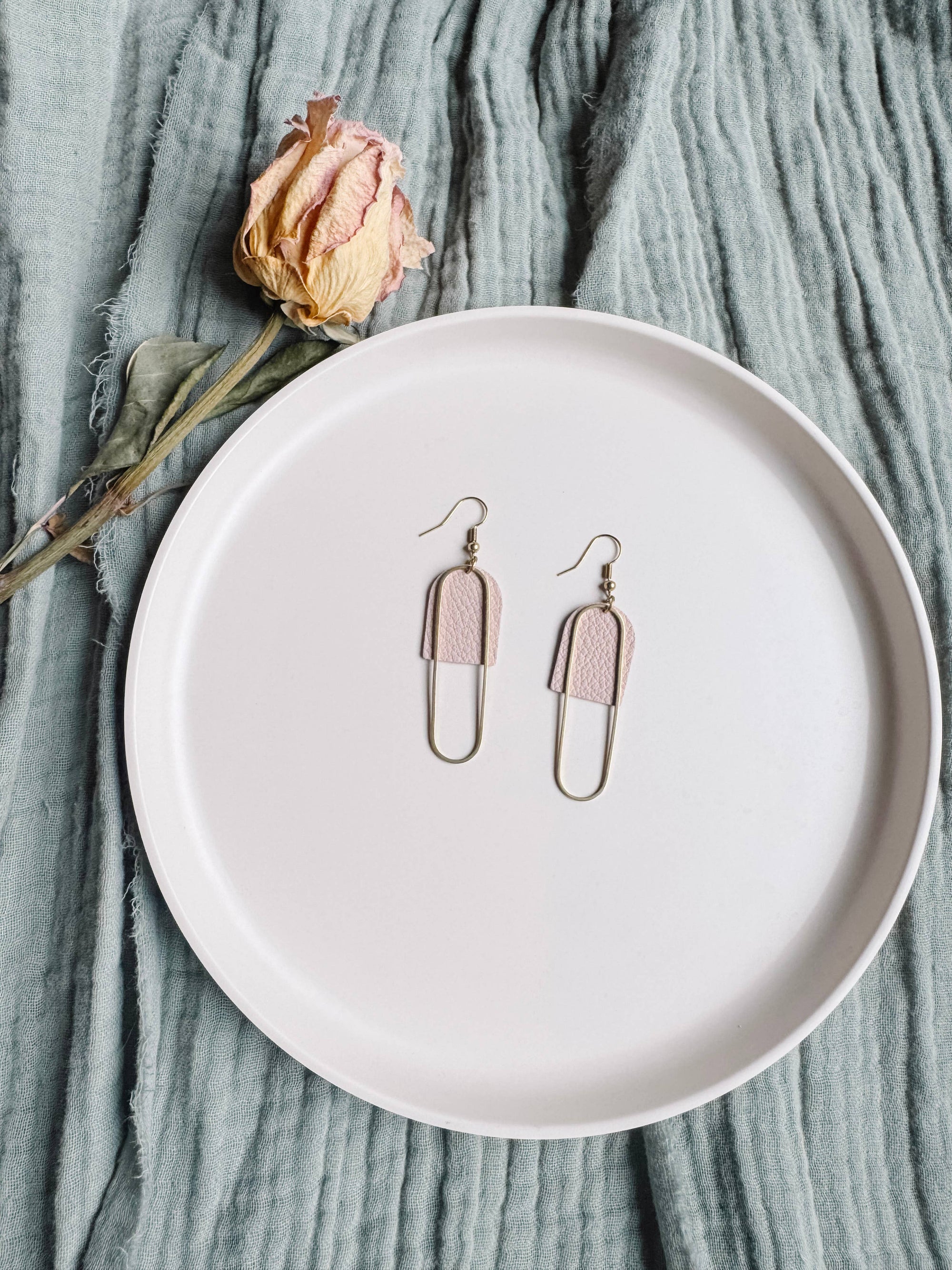 Leather &amp; Brass Oval Earrings | Blush Pink
