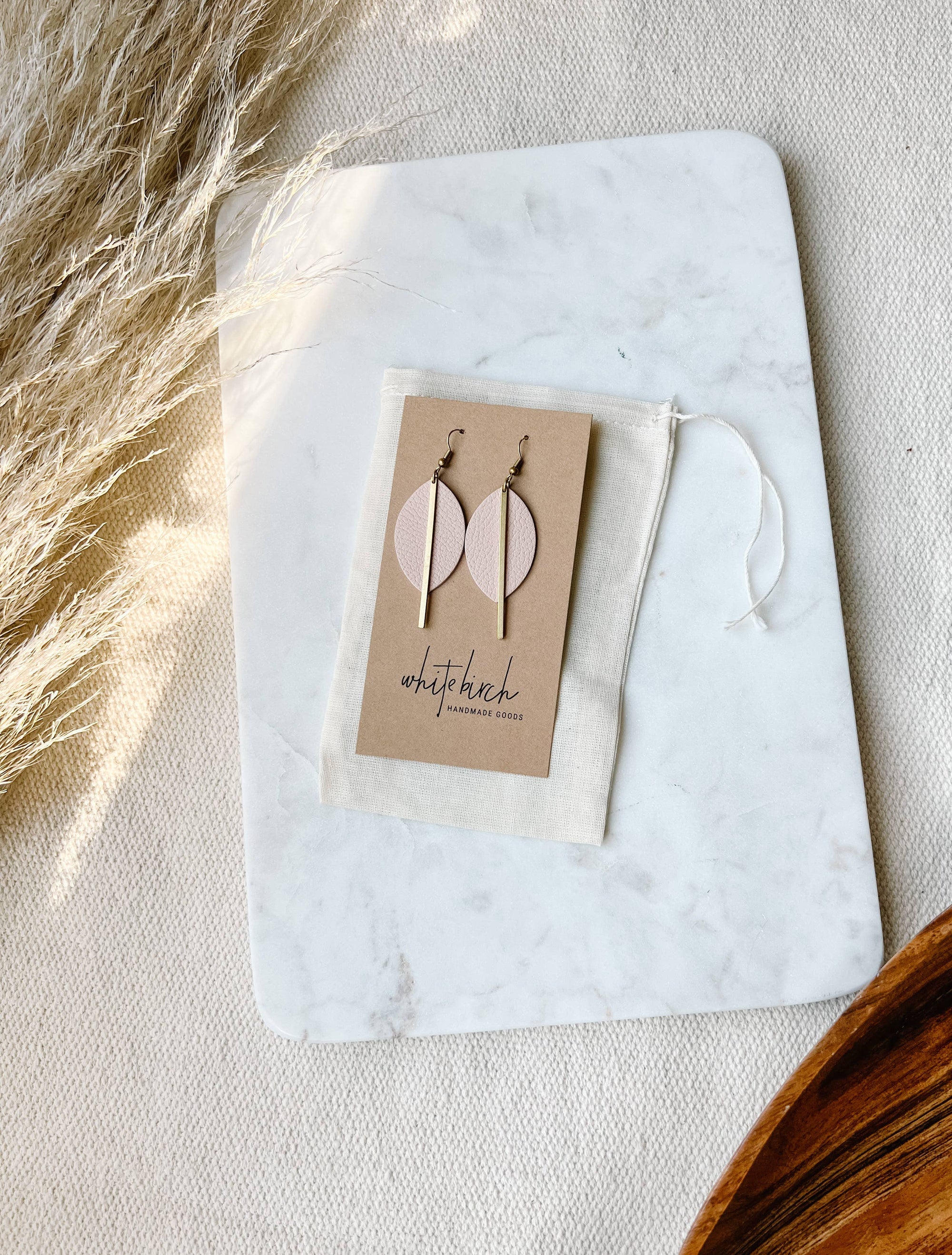 Leather &amp; Brass Petal Bar Earrings | Blush Pink