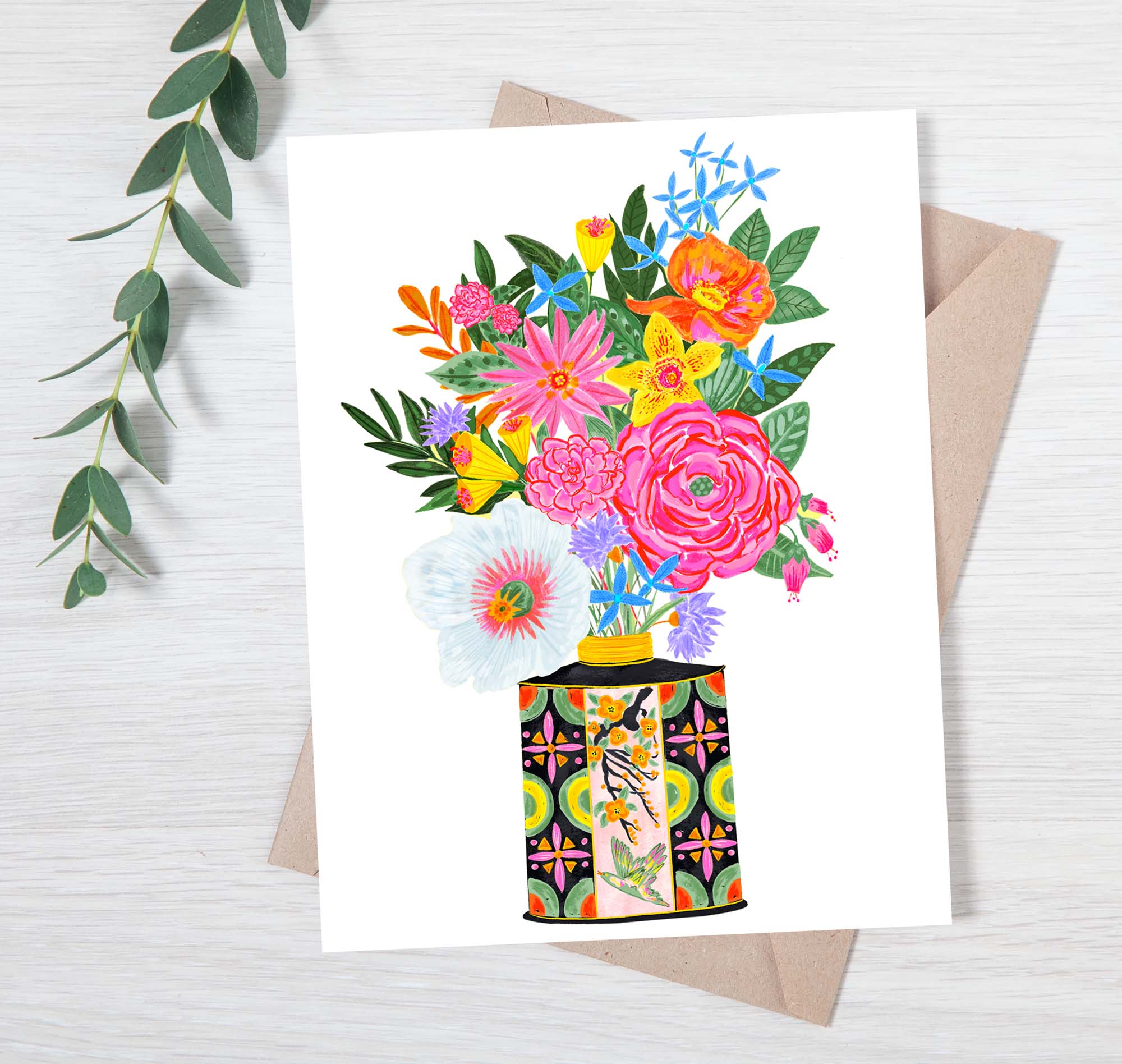 Flower Bouquet in Retro Tin Vase | Greeting Card