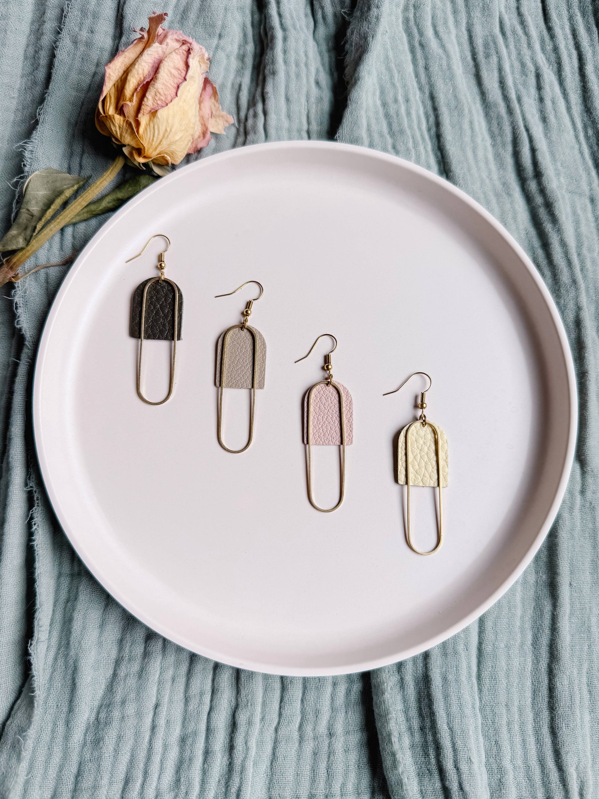 Leather &amp; Brass Oval Earrings | Blush Pink