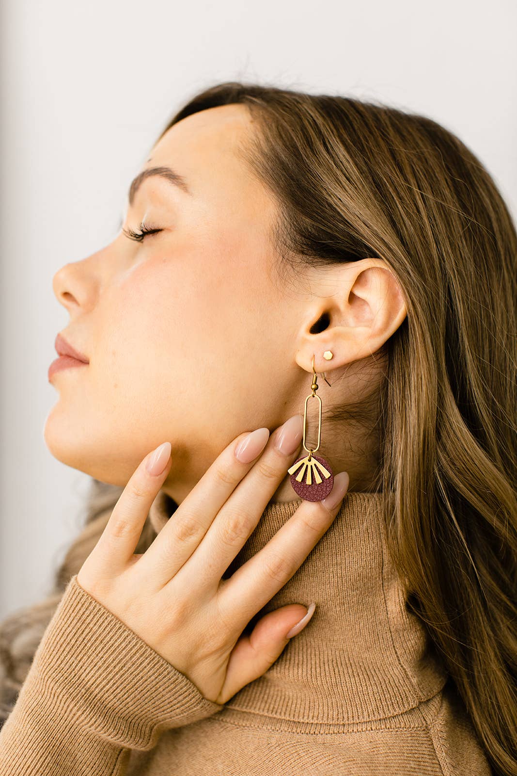 Leather &amp; Brass Sunburst Earrings | Burgundy