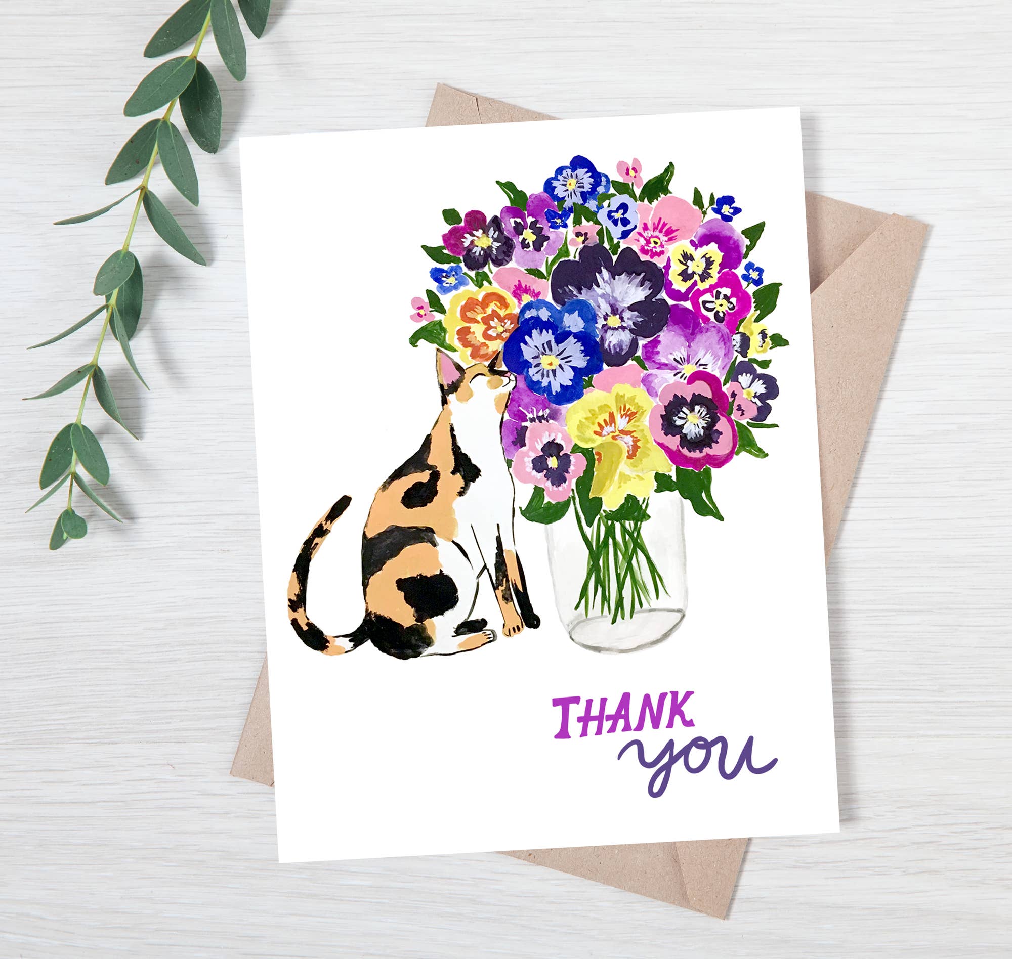 Cat with Pansy Flowers | Greeting Card