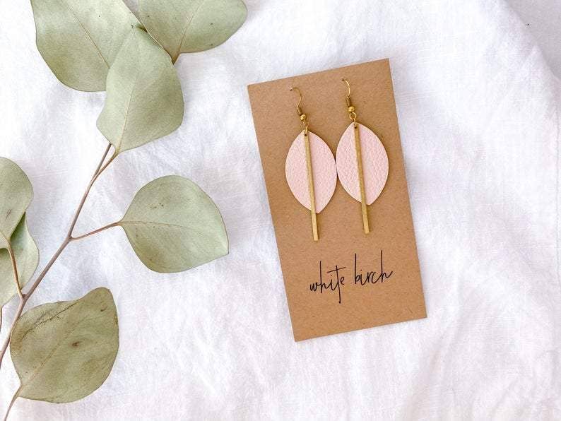 Leather &amp; Brass Petal Bar Earrings | Blush Pink