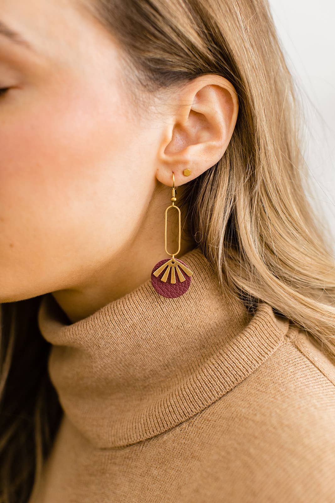 Leather &amp; Brass Sunburst Earrings | Burgundy