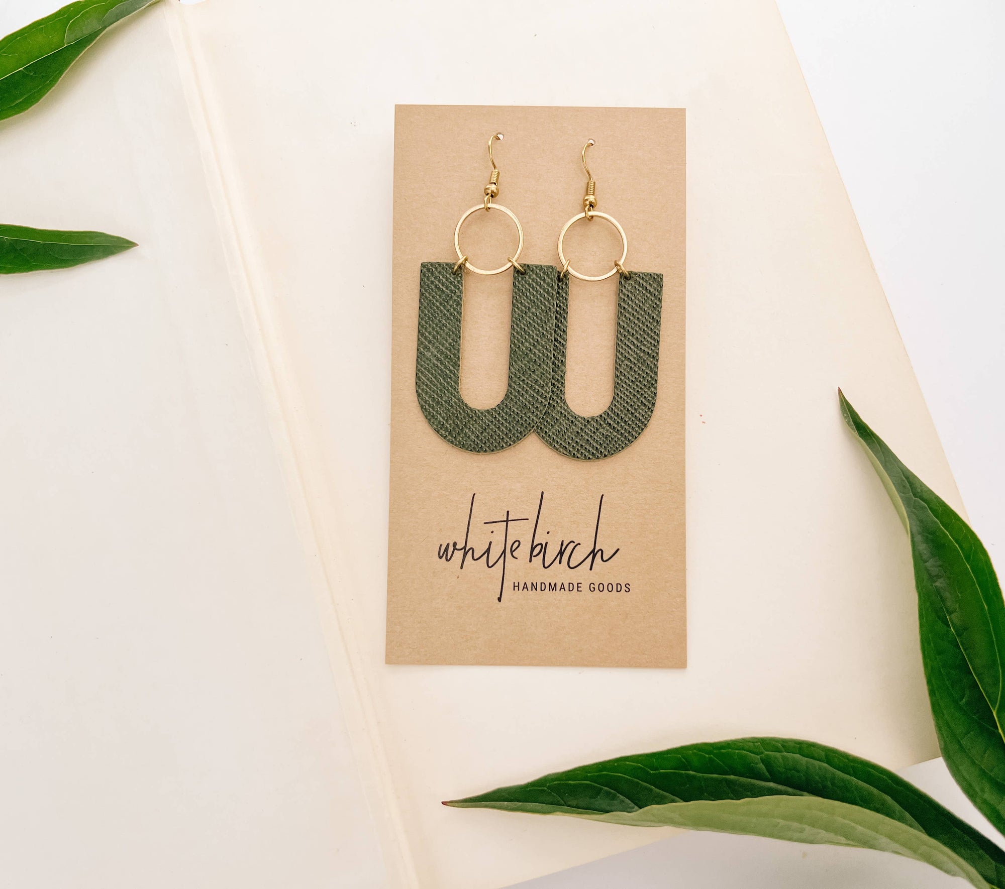 Leather &amp; Brass U Shaped Earrings | Dark Olive