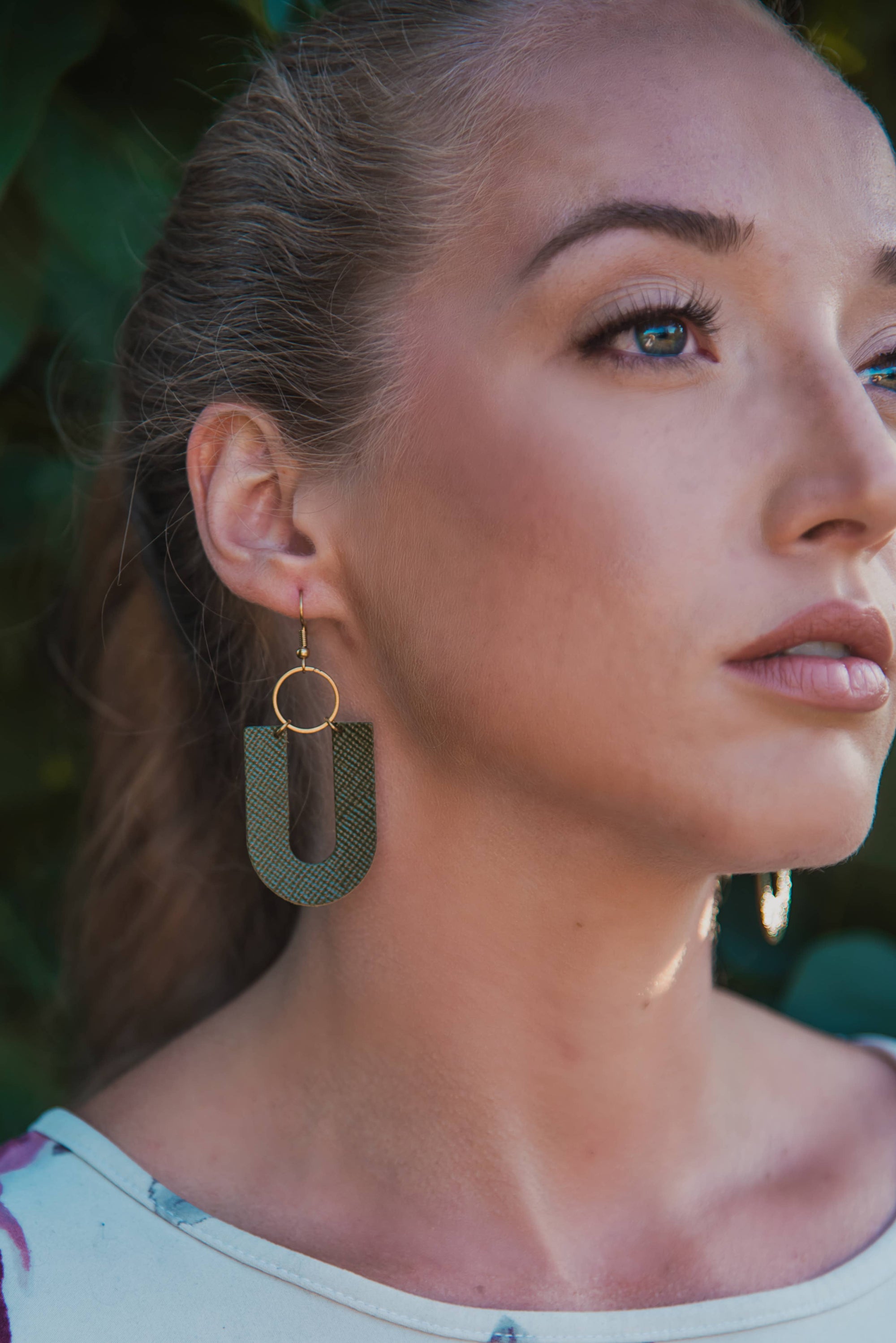 Leather &amp; Brass U Shaped Earrings | Dark Olive
