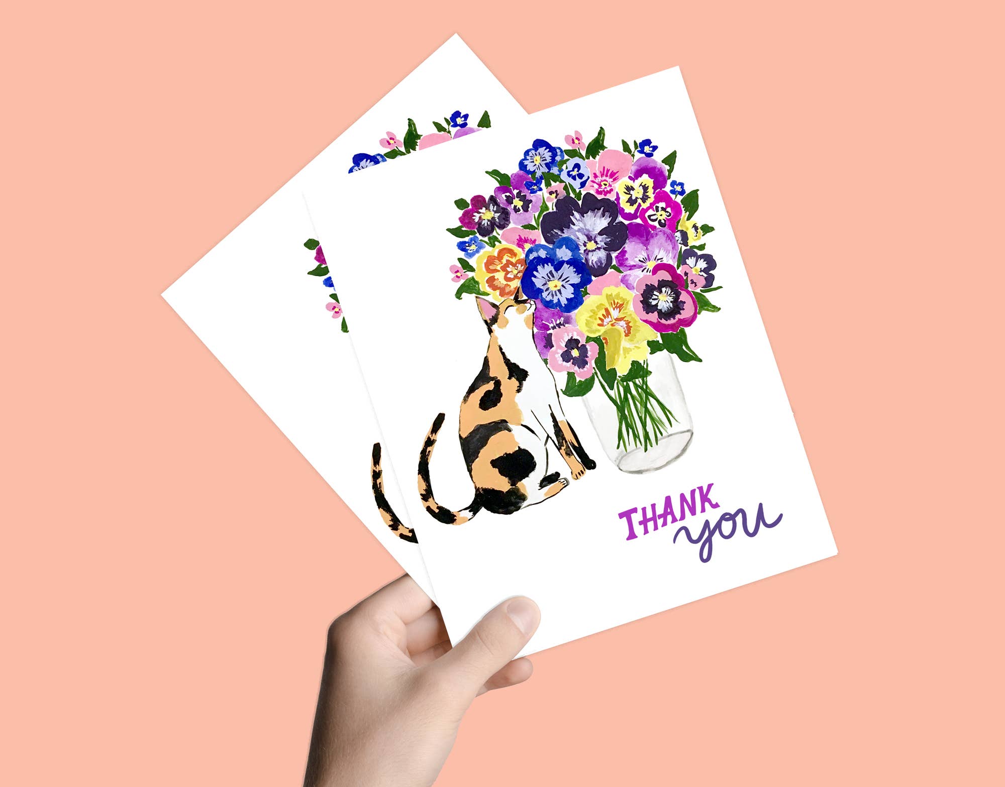 Cat with Pansy Flowers | Greeting Card