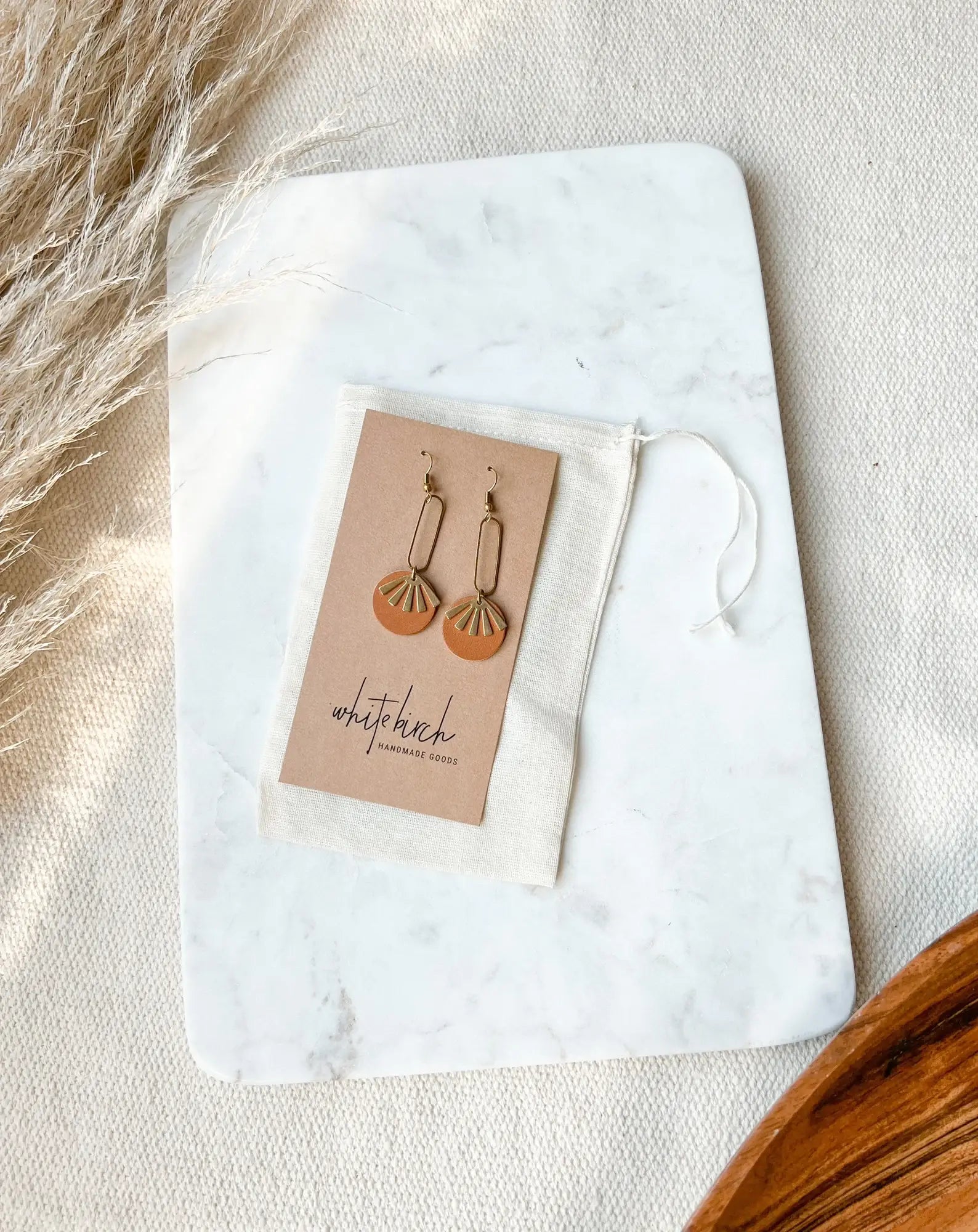 Leather &amp; Brass Sunburst Earrings | Tan Brown