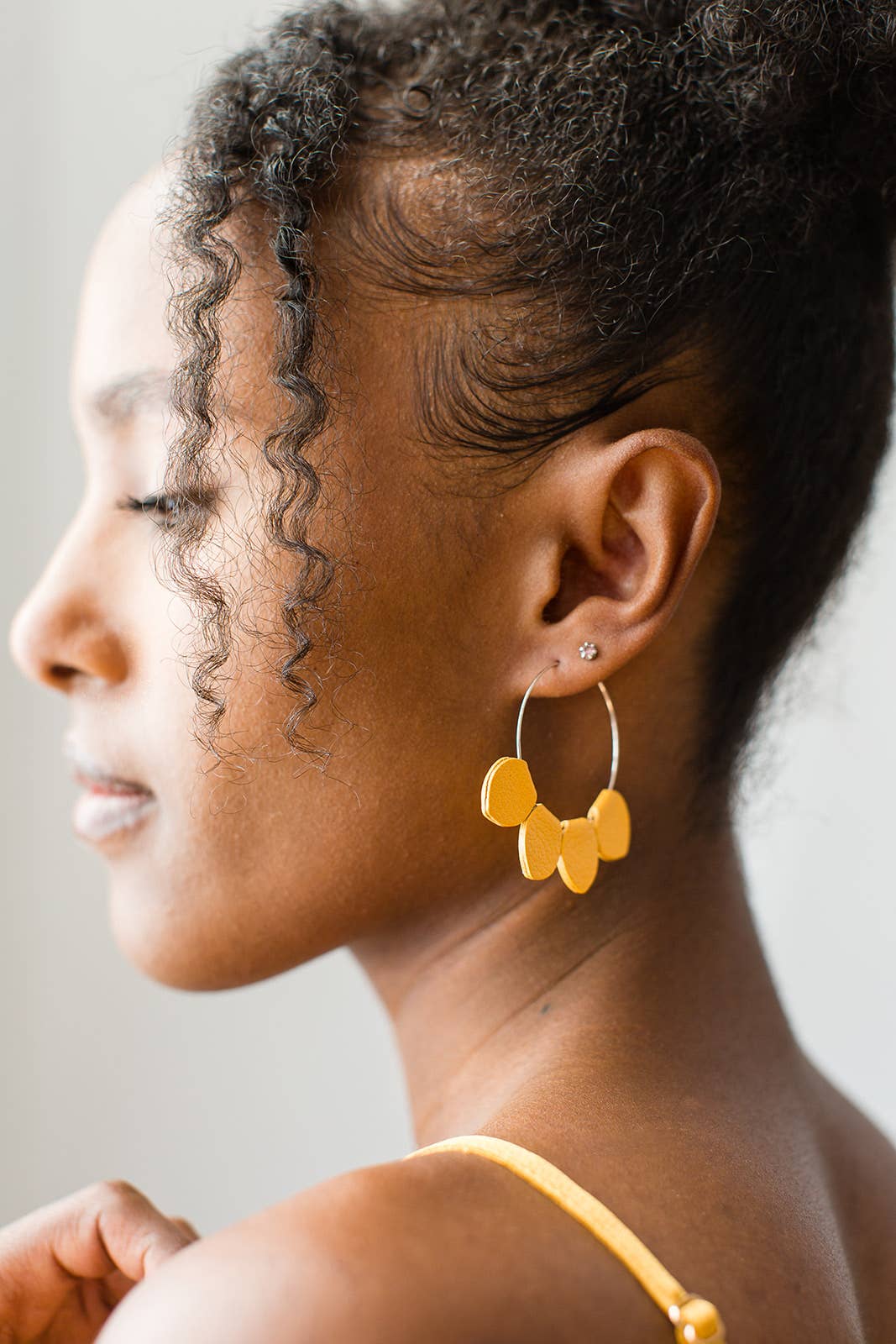 Mustard Yellow Leather Petal Hoop Earrings