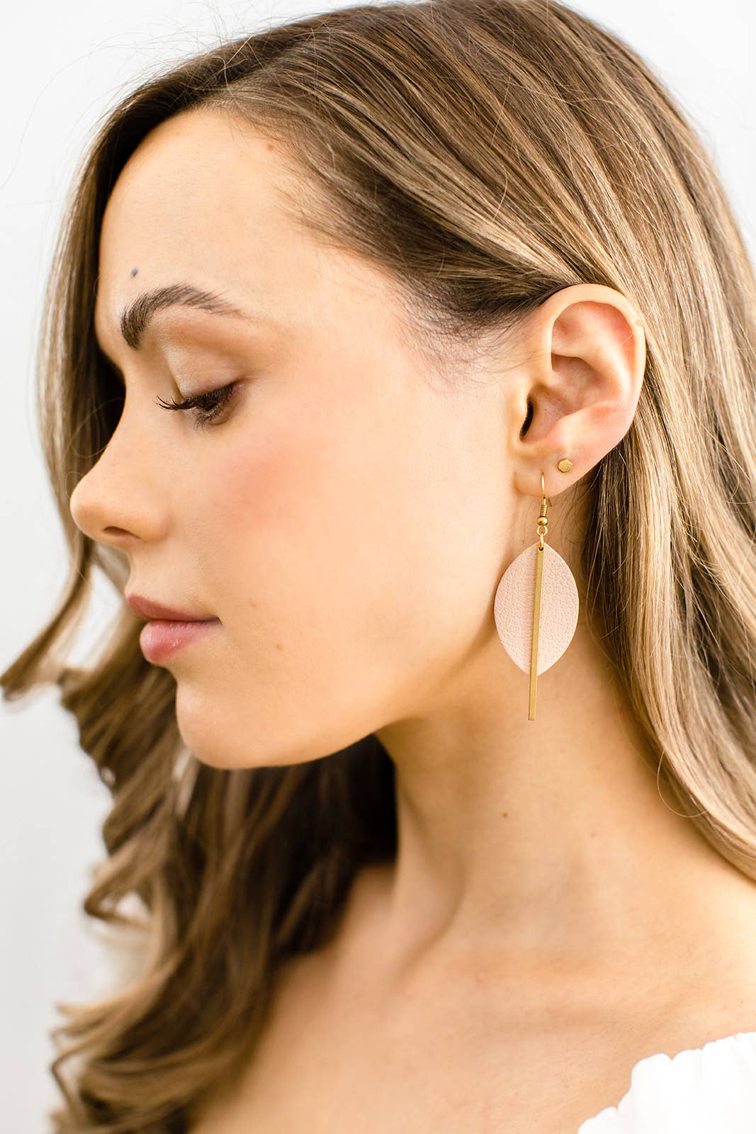 Leather &amp; Brass Petal Bar Earrings | Blush Pink