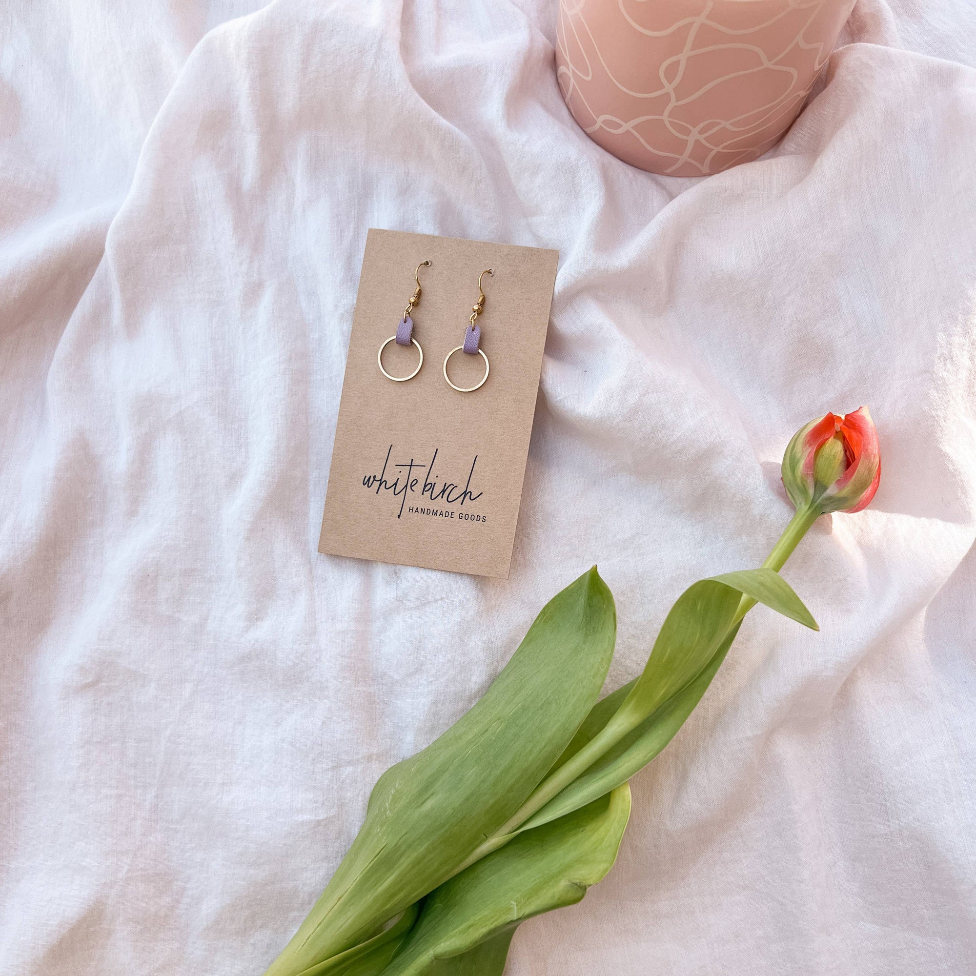Leather &amp; Brass Circle Earrings | Lilac