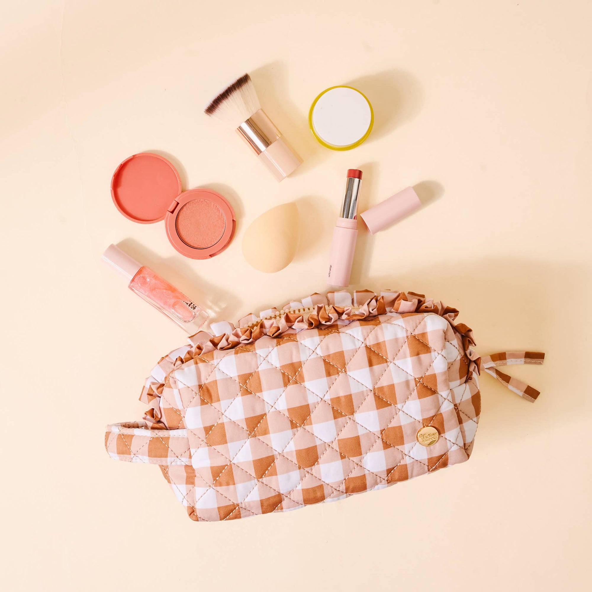 Quilted Cosmetic Pouch: Maple Gingham