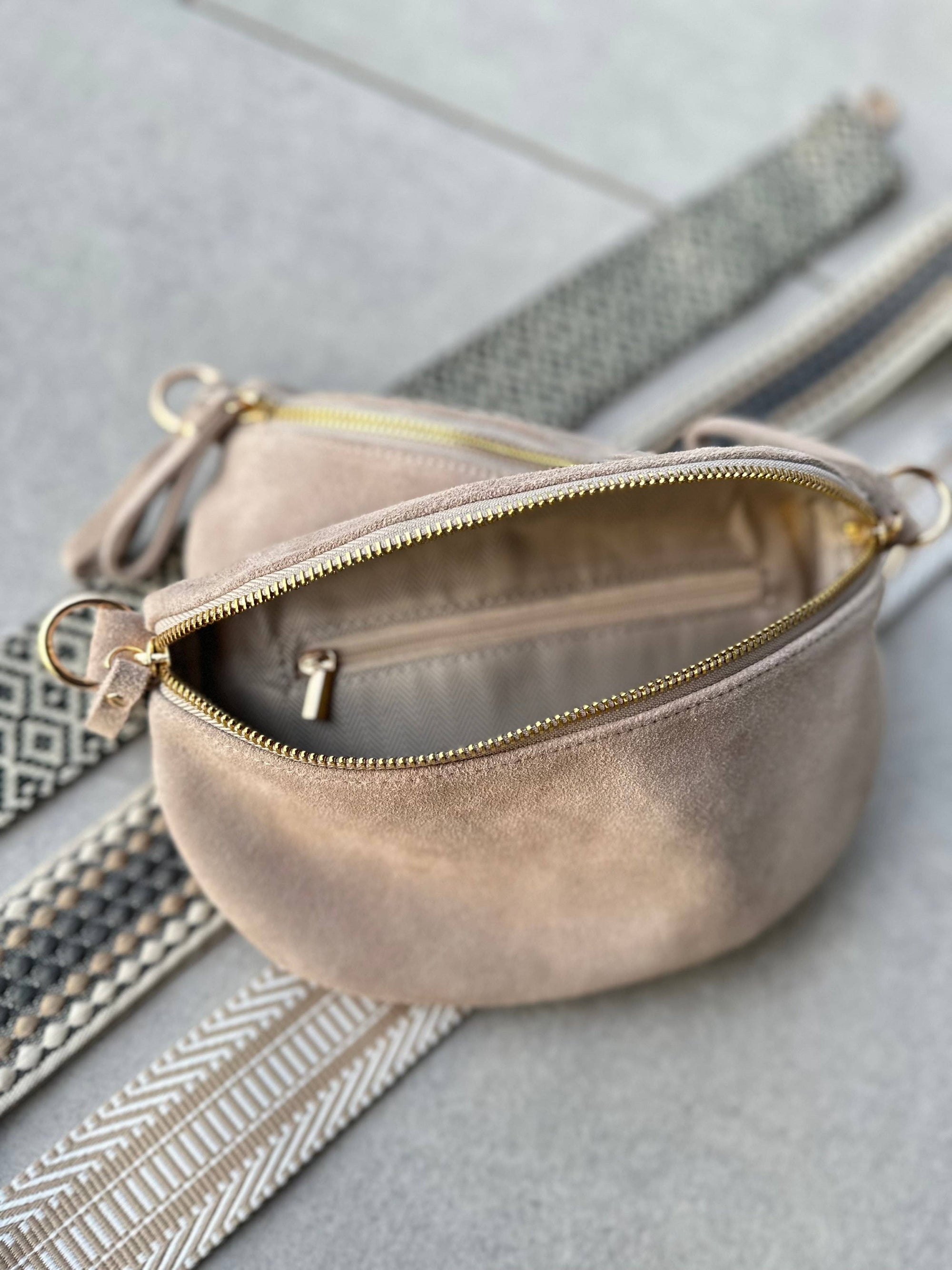 Crossbody Handbag: Cream White Suede Leather