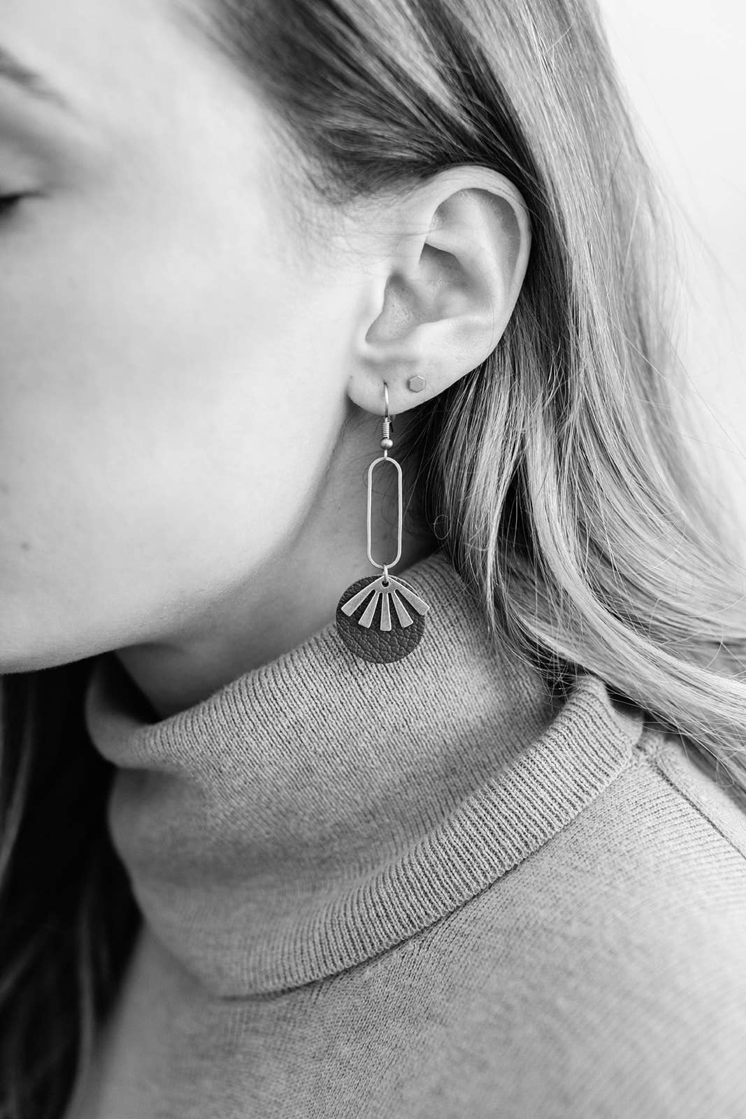 Leather &amp; Brass Sunburst Earrings | Tan Brown