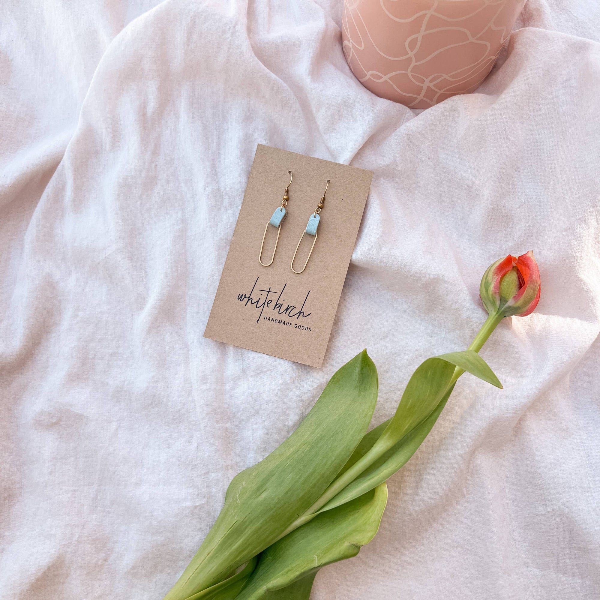 Leather &amp; Brass Oval Earrings | Frost Blue