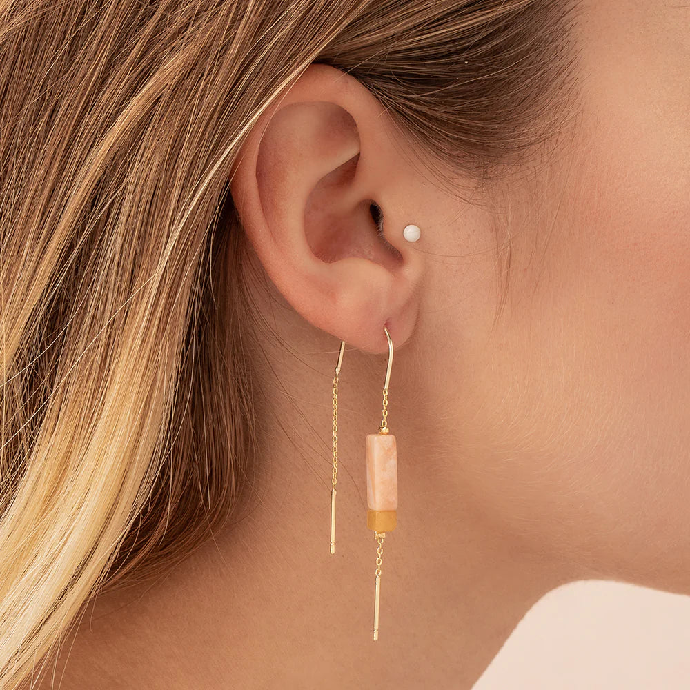 Rectangle Stone Thread Earring - Rose Quartz, Amber &amp; Gold