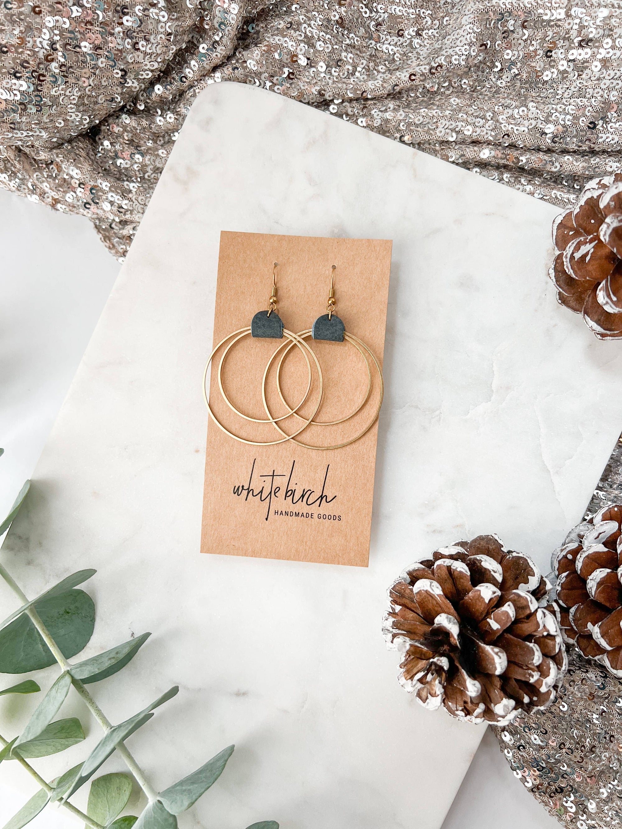 Denim Leather &amp; Brass Circles Earrings