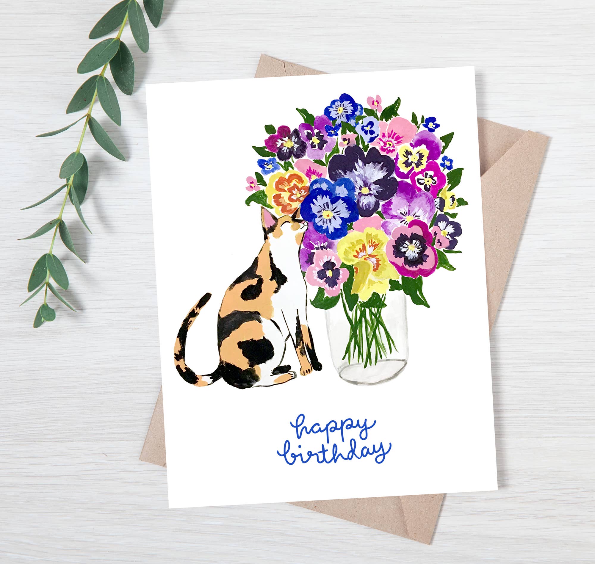 Cat with Pansy Flowers | Greeting Card