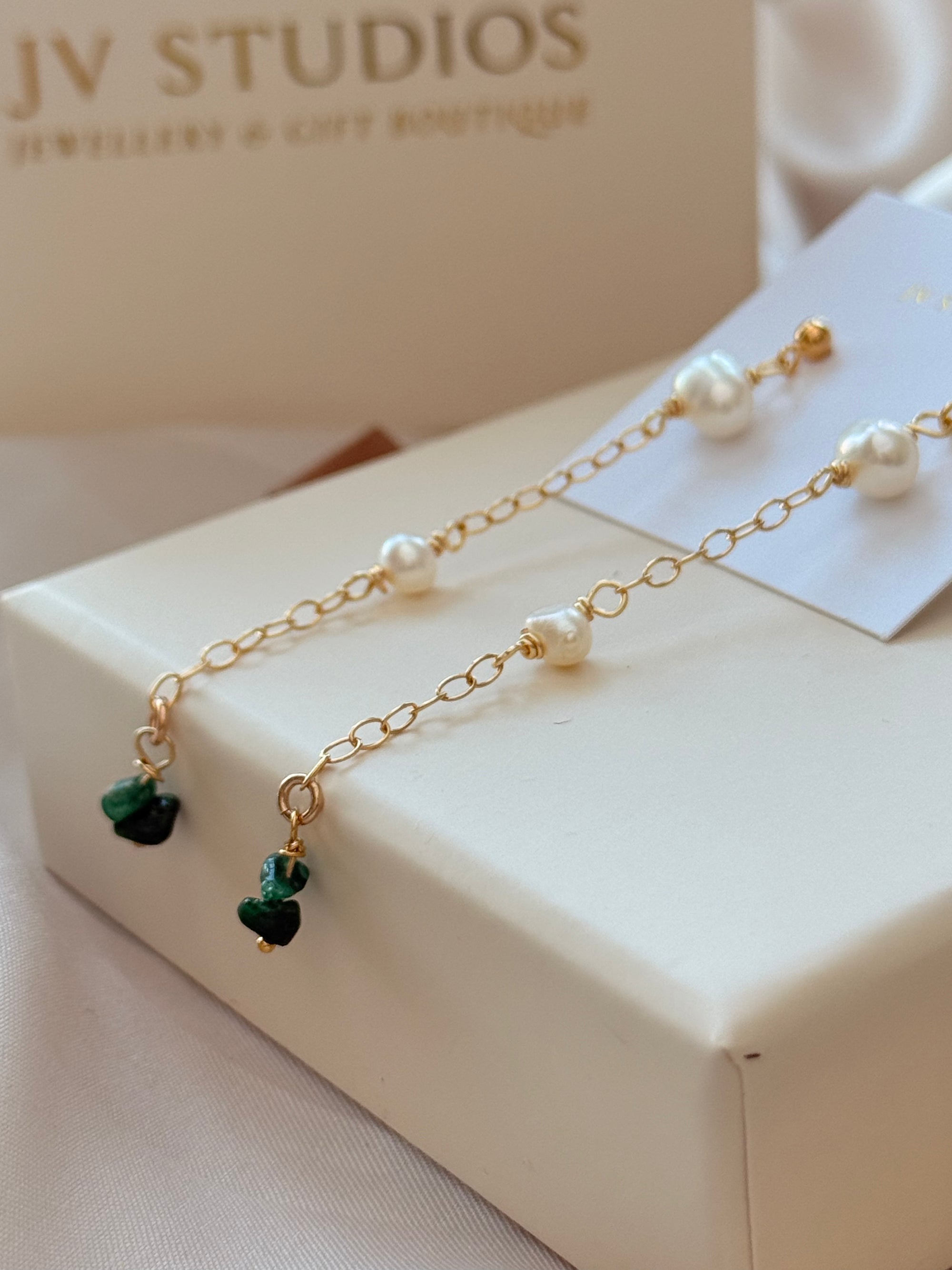 Pearl and Emerald Chain Earrings