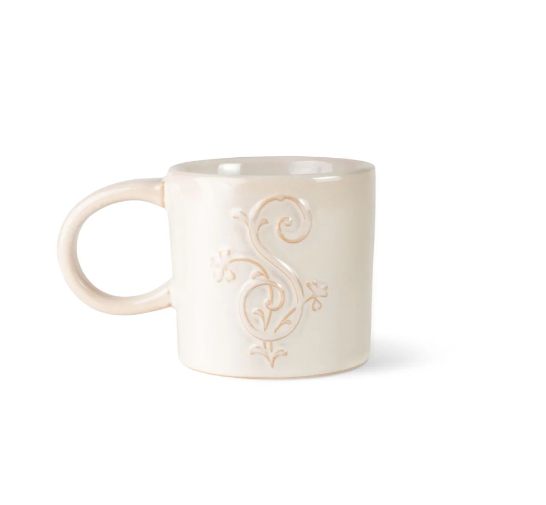 White Floral Artisan Monogram Mug