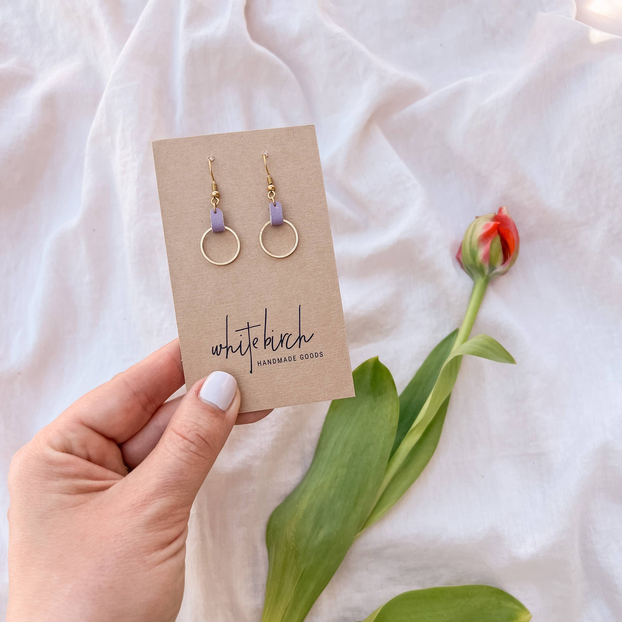 Leather &amp; Brass Circle Earrings | Lilac