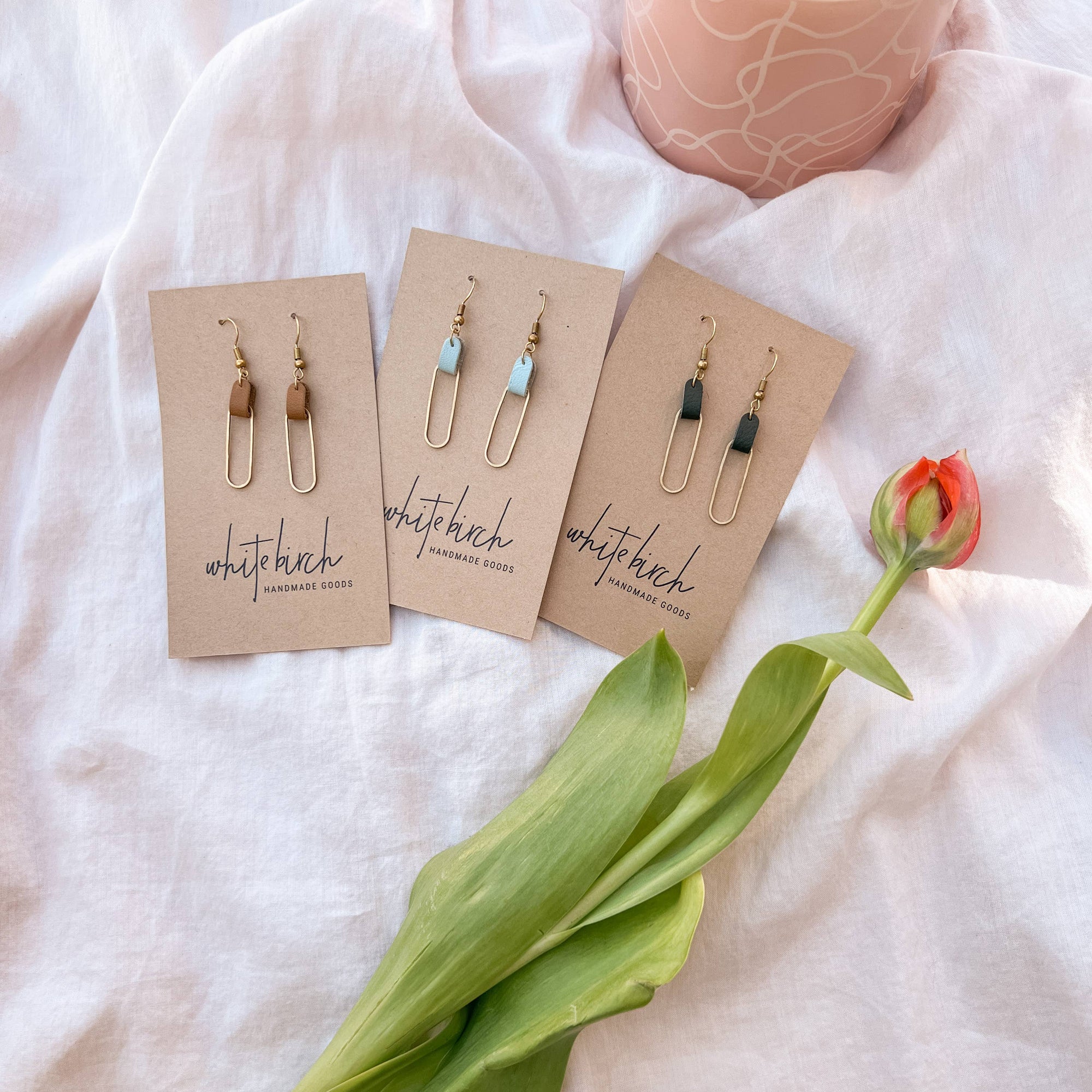 Leather &amp; Brass Oval Earrings | Frost Blue